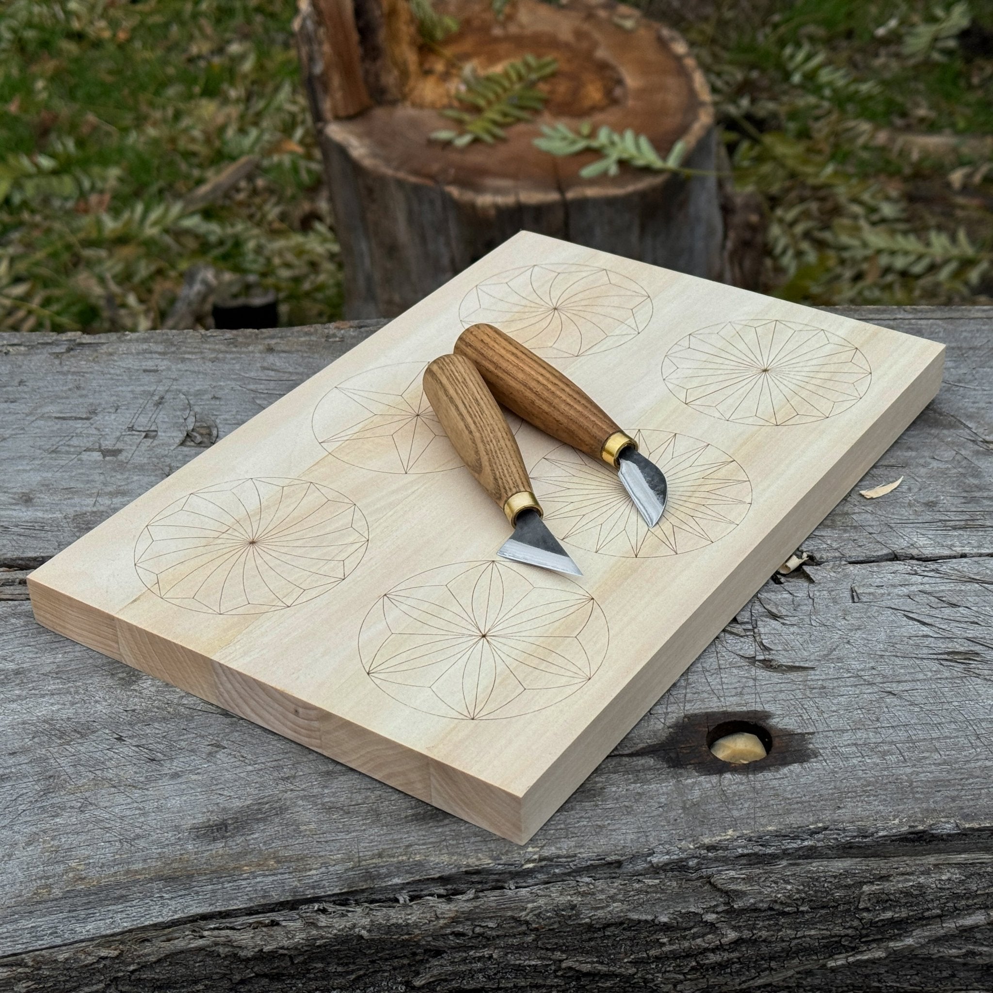 Big Basswood Woodcarving Practice Board with pre-drawn design by Sharky Forged Steel Tools