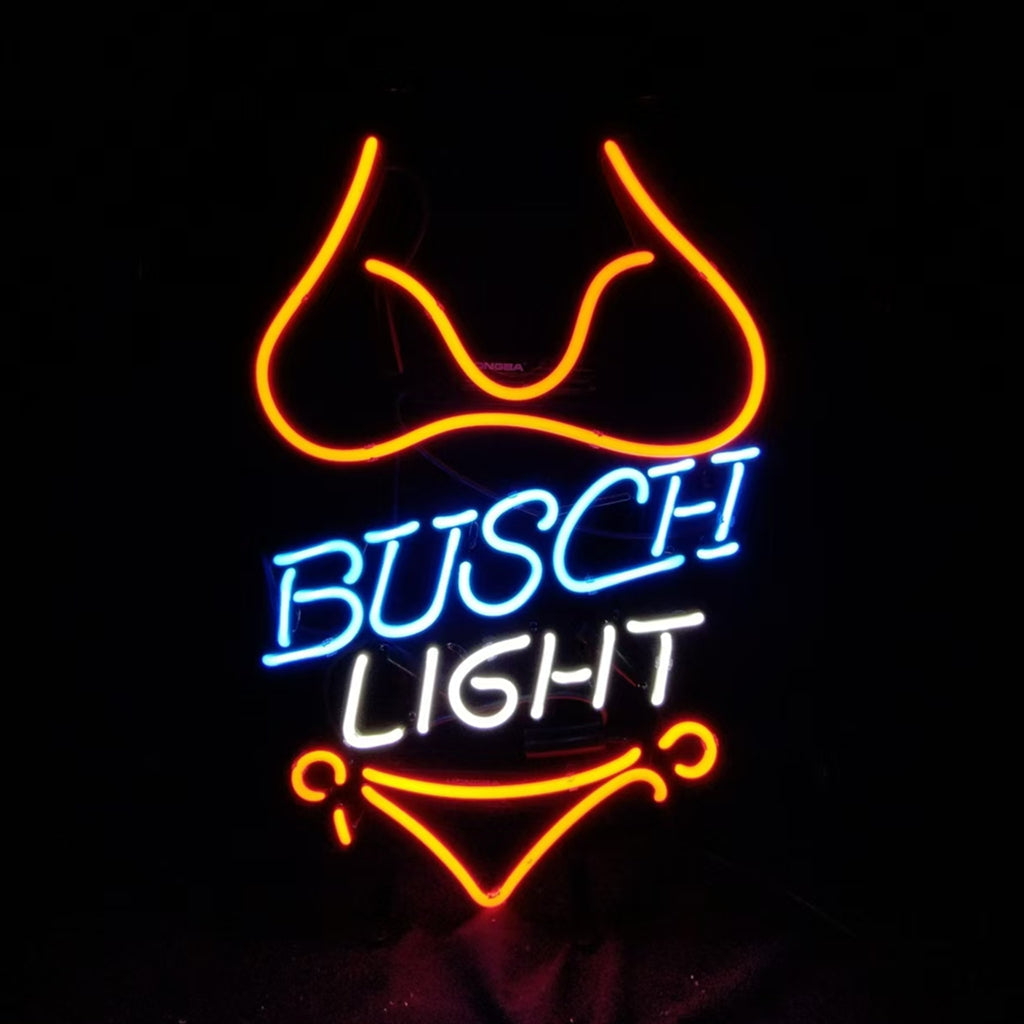 Red Bikini Set Busch Light Neon Signs Light glowing in red with metal grid backing