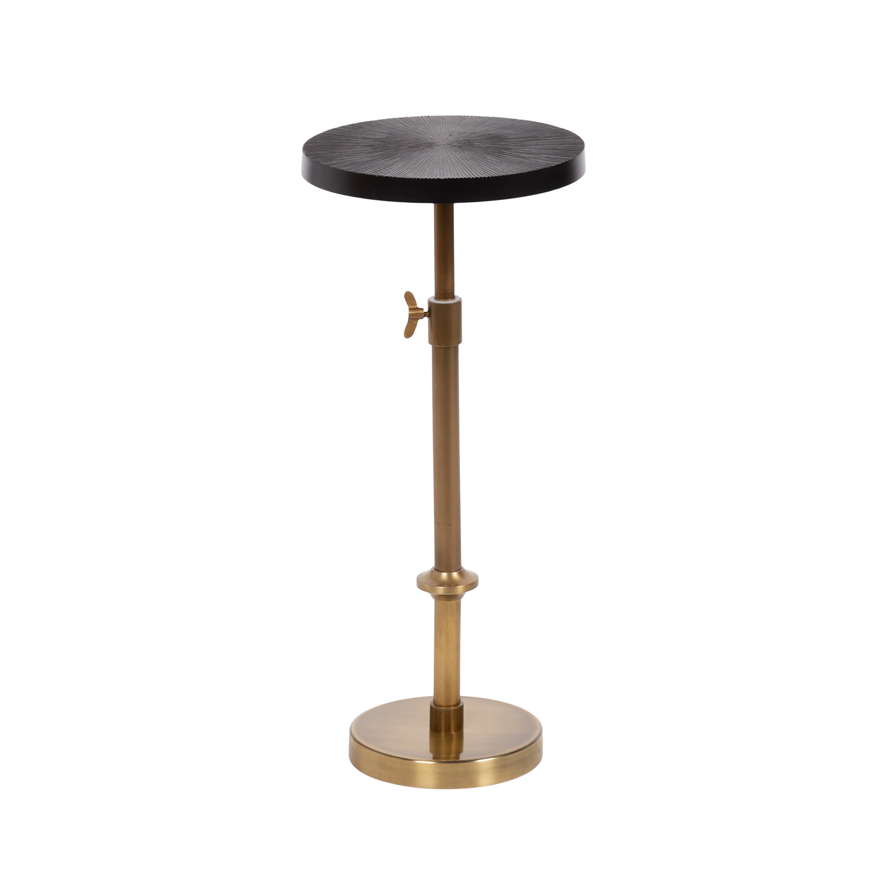 Engles Adjustable Embossed Metal Table and Plant Stand showing gold/black finish with embossed round tabletop