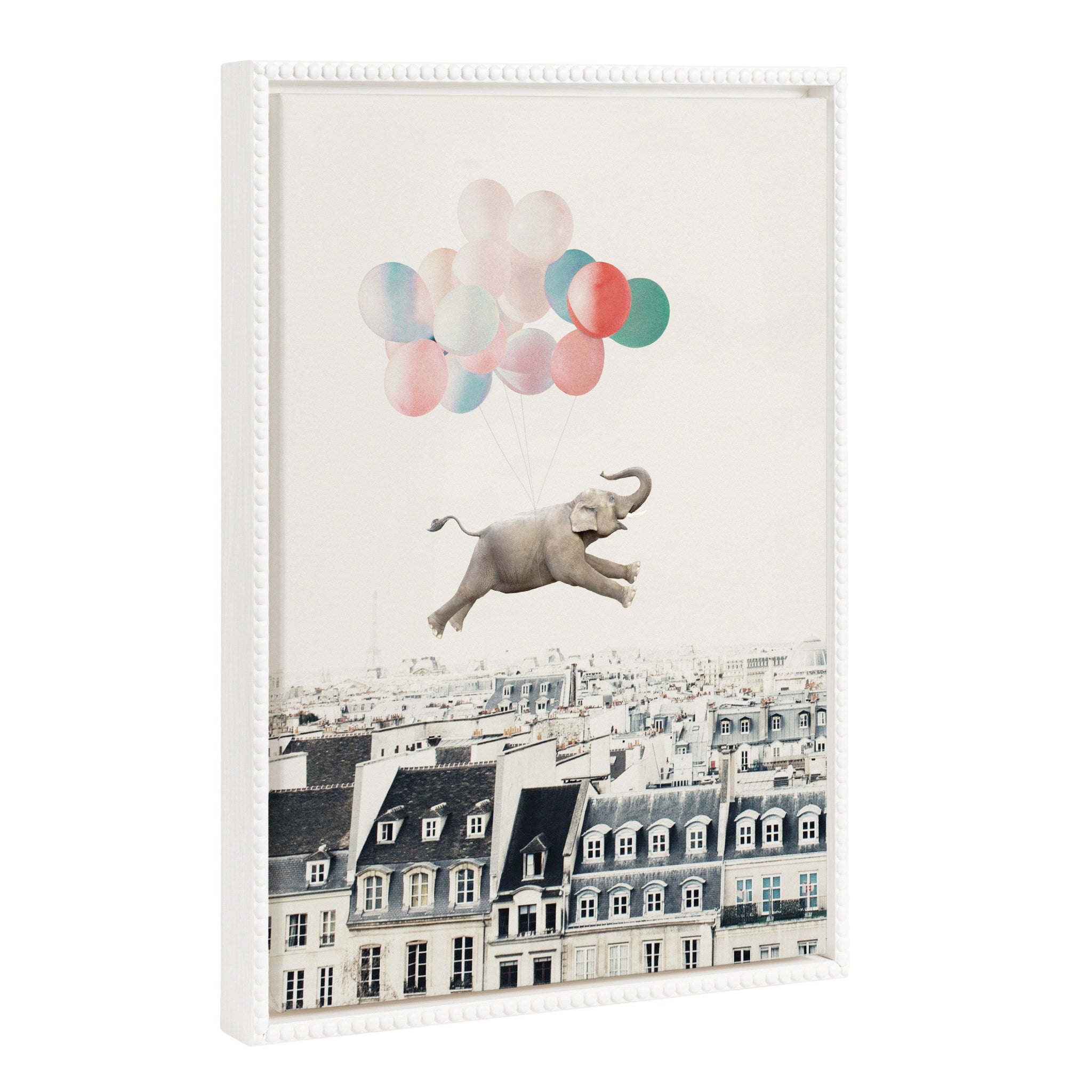 Sylvie Beaded Happy Elephant in Paris framed canvas art depicting an elephant with a Parisian background