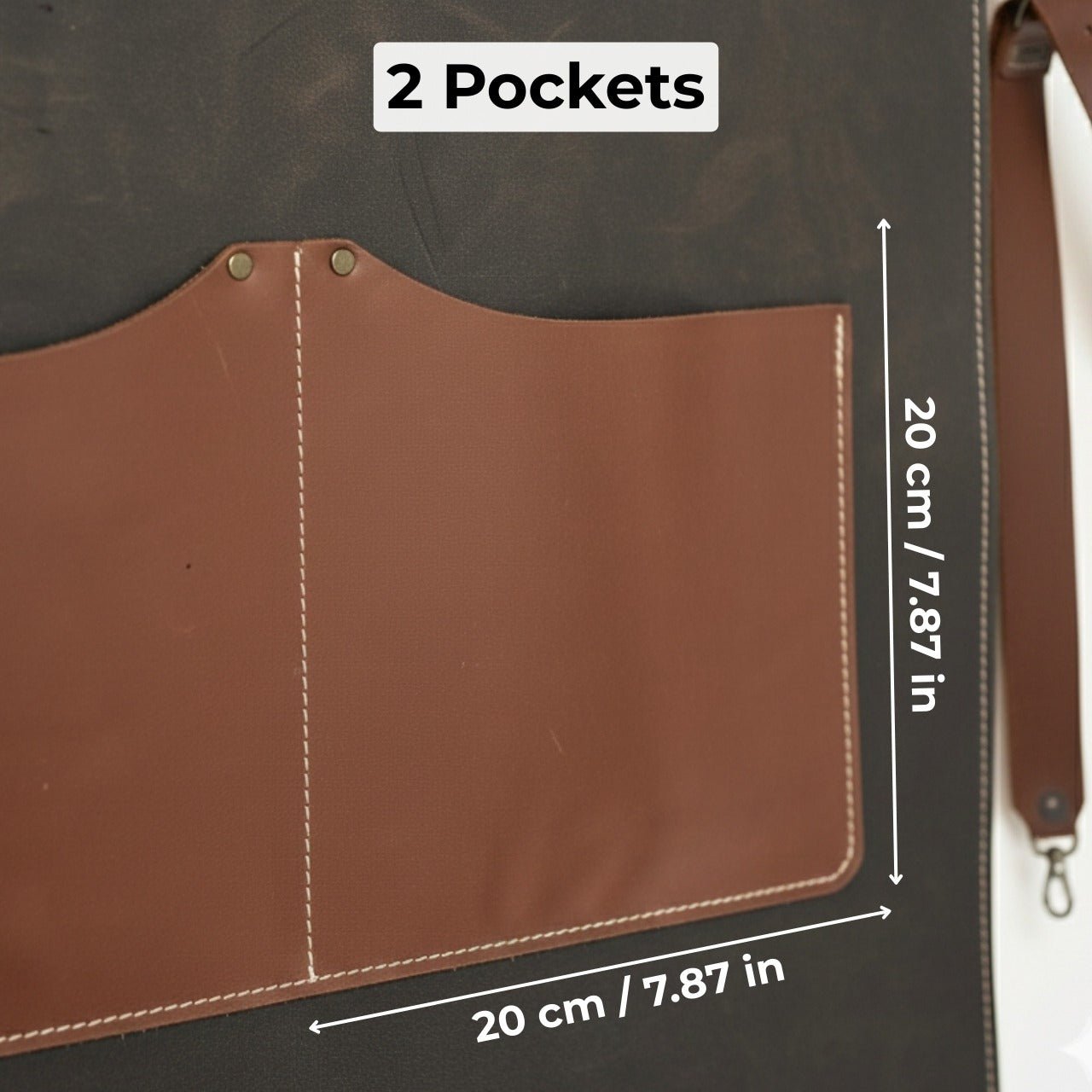 Black leather work apron with adjustable straps and large front pockets