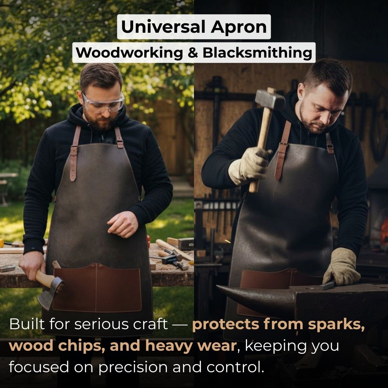 Black leather work apron with adjustable straps and large front pockets