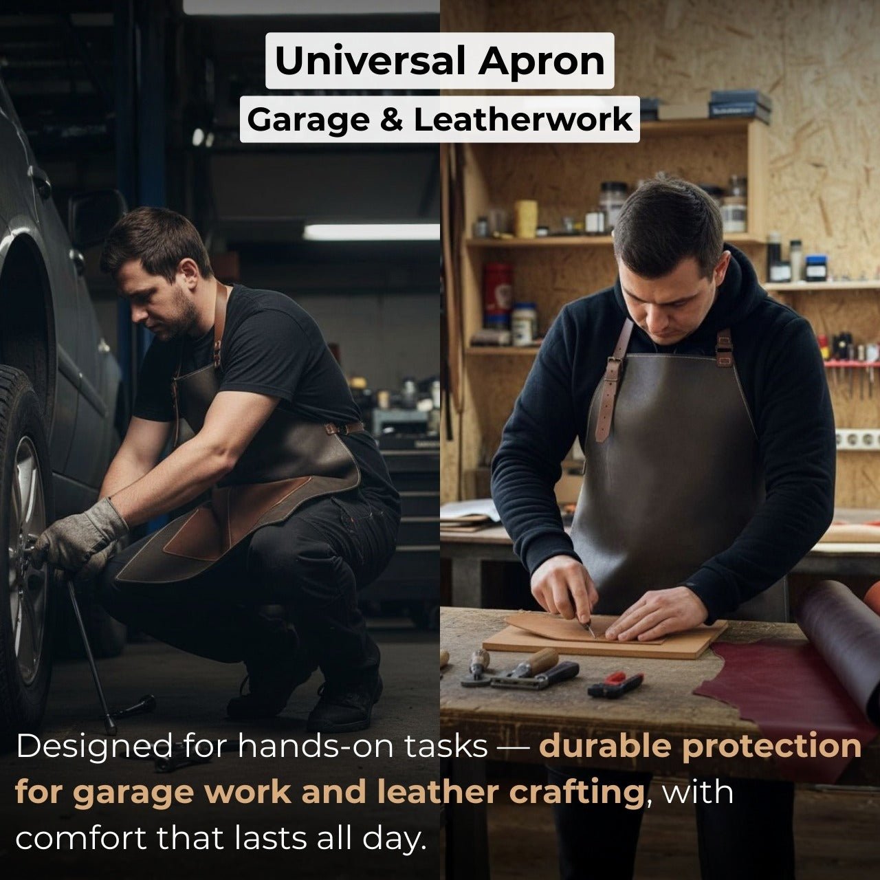 Black leather work apron with adjustable straps and large front pockets
