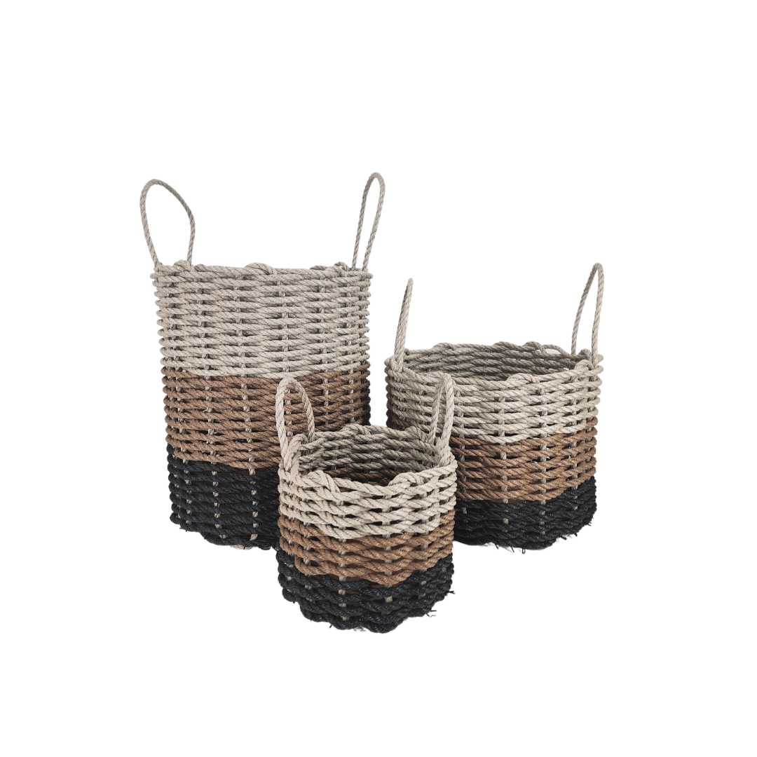 Handwoven storage basket made from black, brown, and tan ombre Maine lobster rope