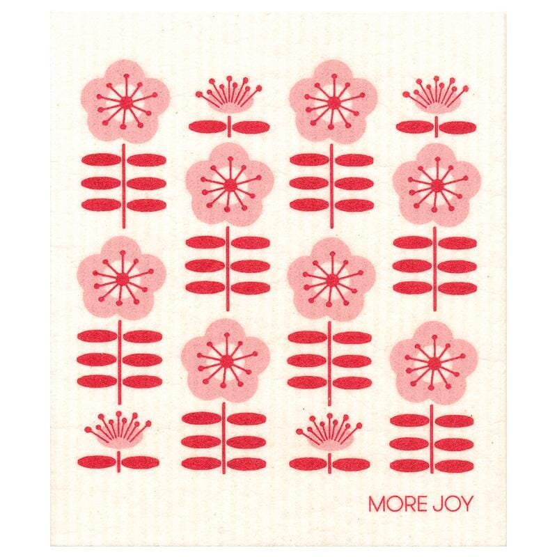 Blooming Cherry Swedish Dishcloth showing red and pink cherry blossom pattern