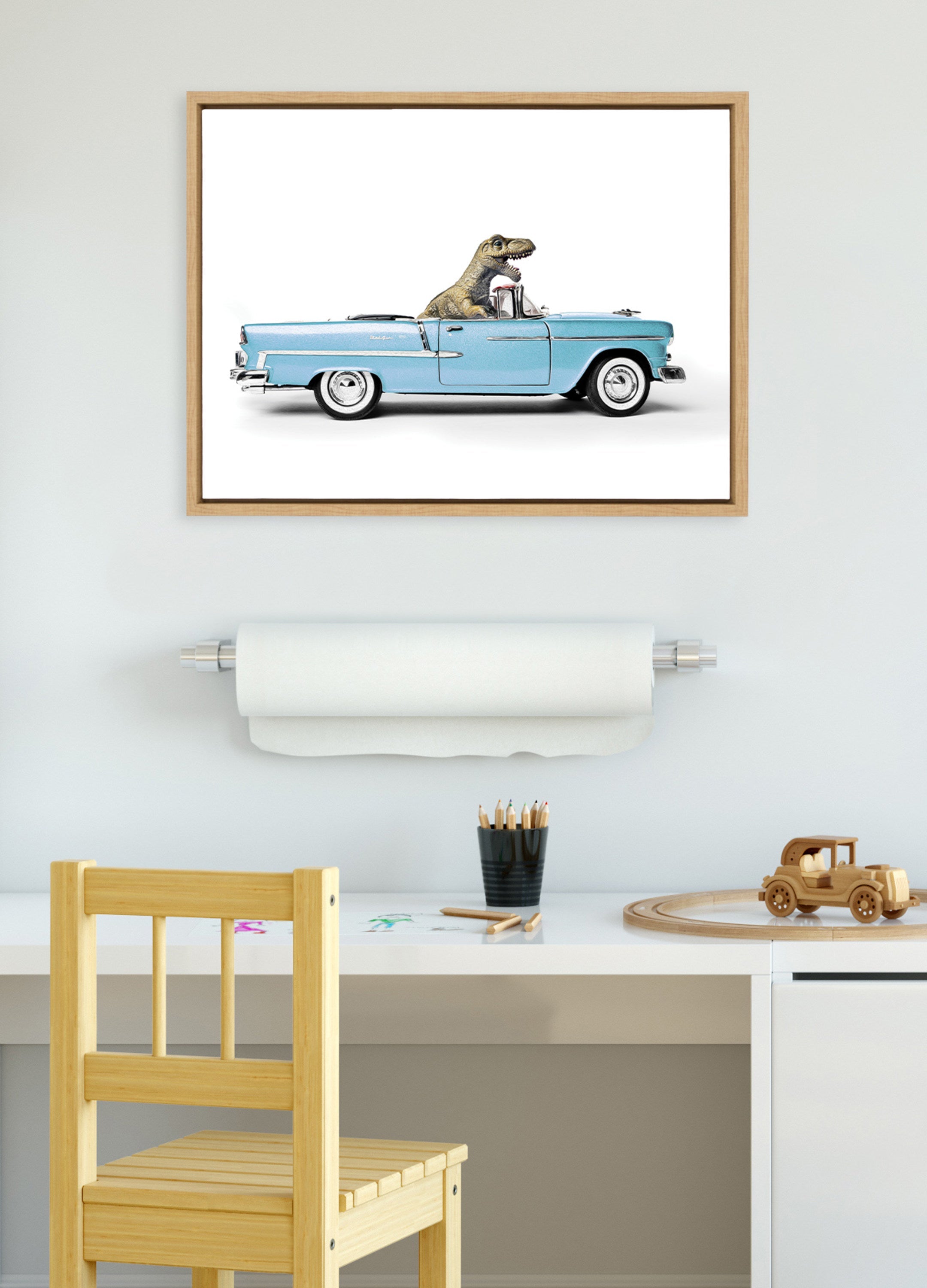 Sylvie Dino Driving 1958 Blue Corvette Framed Canvas by Saint and Sailor Studios