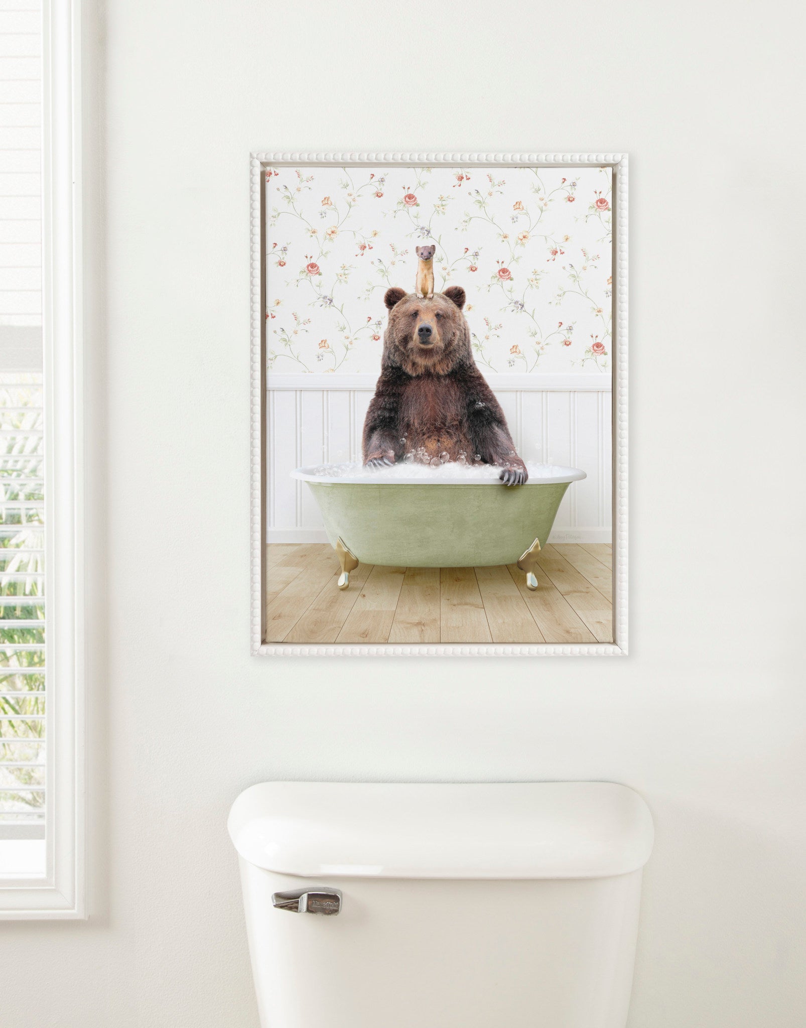 Sylvie Beaded Bear and Weasel in Country Cottage Bath Framed Canvas by Amy Peterson