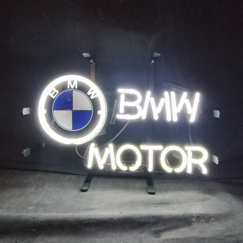 BMW Motor Car Neon Sign Light glowing against a dark wall