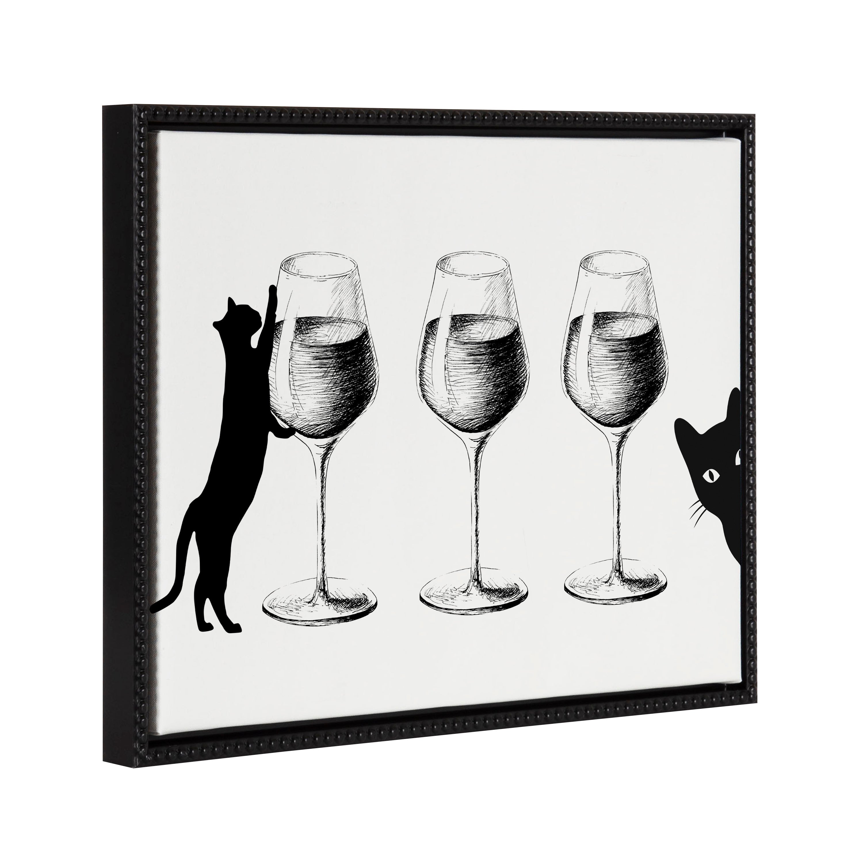 Framed canvas art depicting cats and wine with a vintage beaded frame