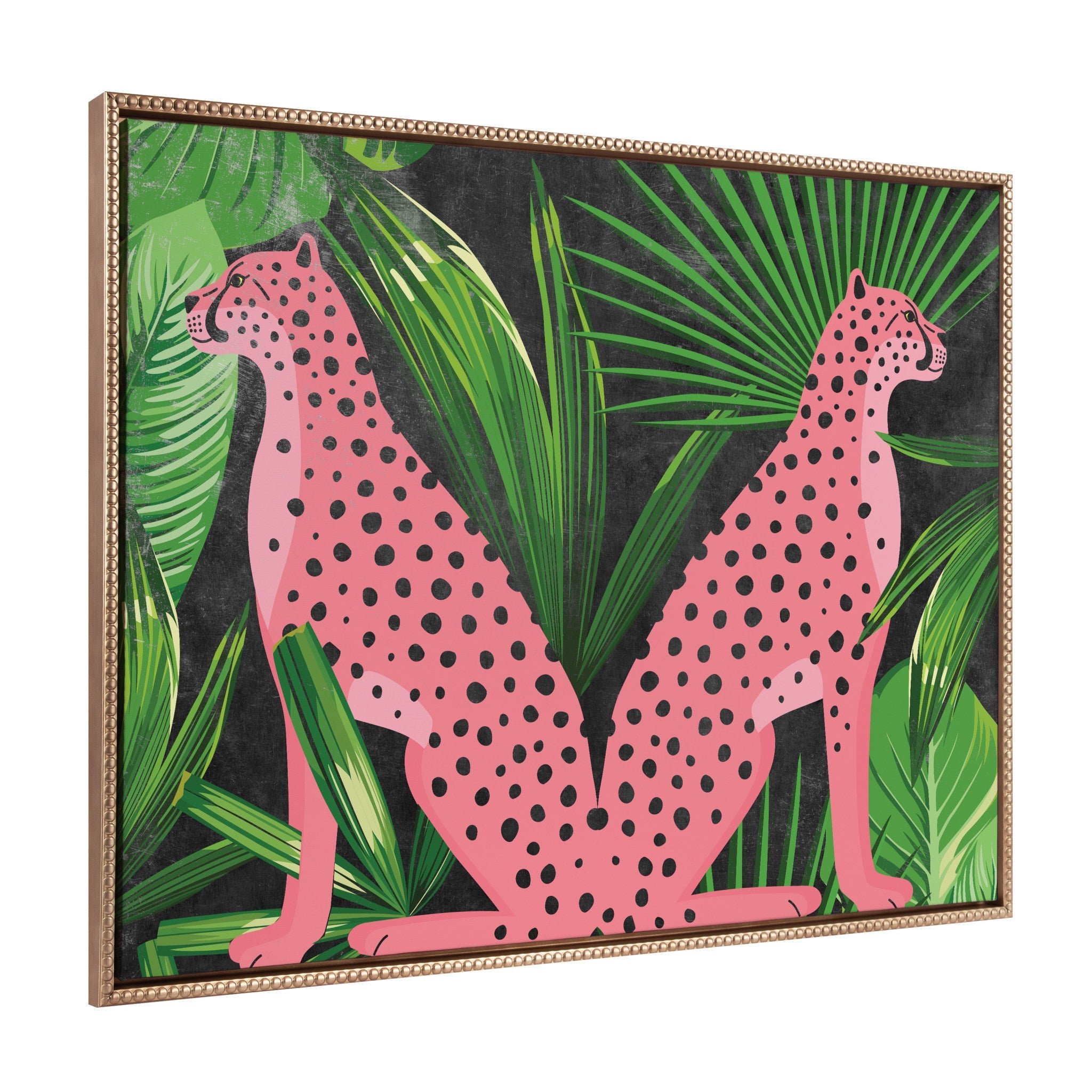 Sylvie Beaded NC Cheetah Jungle Framed Canvas by Nikki Chu showing a mid-century style jungle scene with cheetah and gold vintage beaded frame