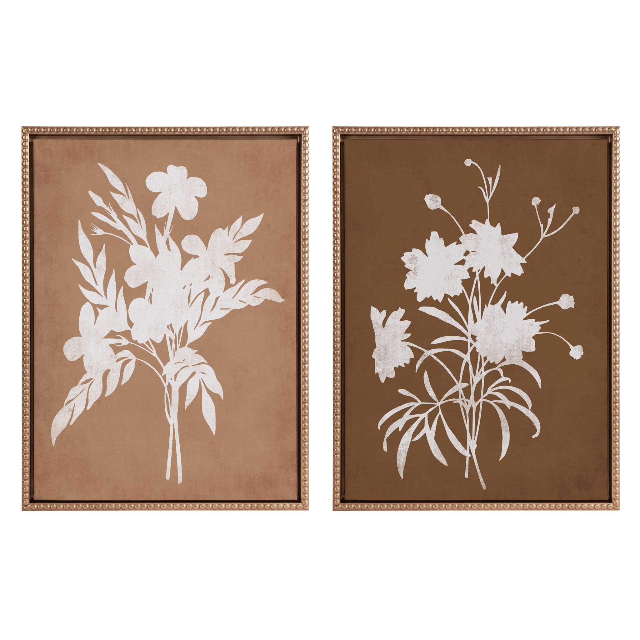 Two framed canvas art pieces showing spring floral silhouettes in clay white and bark white with vintage beaded frames