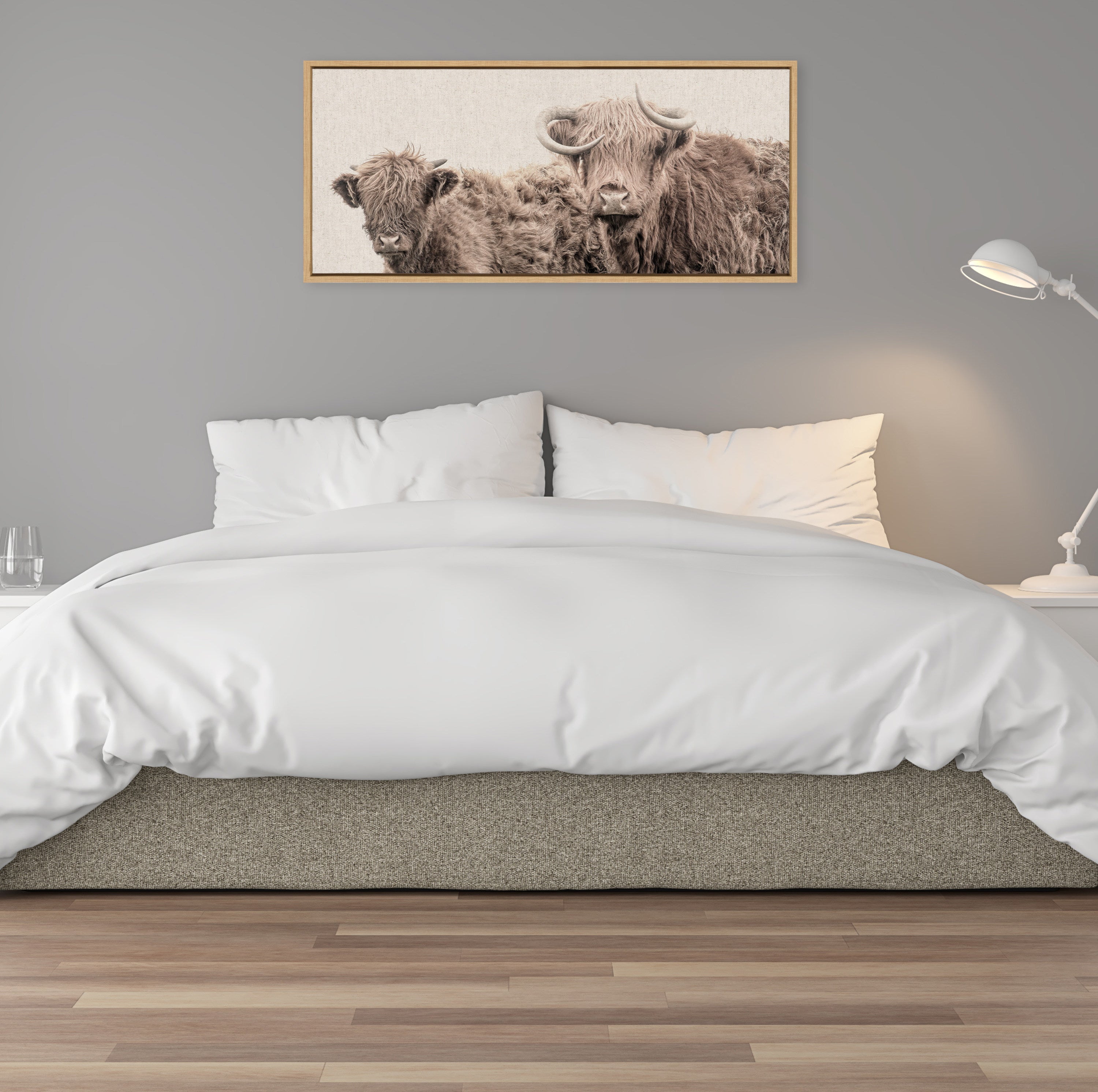 Sylvie Two Highland Cow Best Friends Color Neutral Linen Bright Framed Canvas