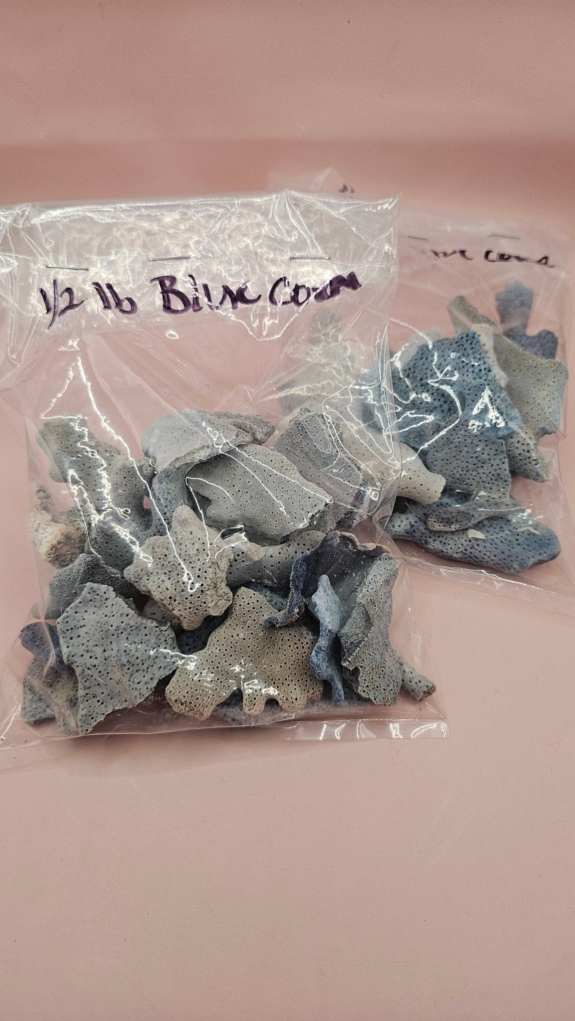 Bulk vintage blue coral crafting pieces in a bag showing natural shapes and muted blue tones