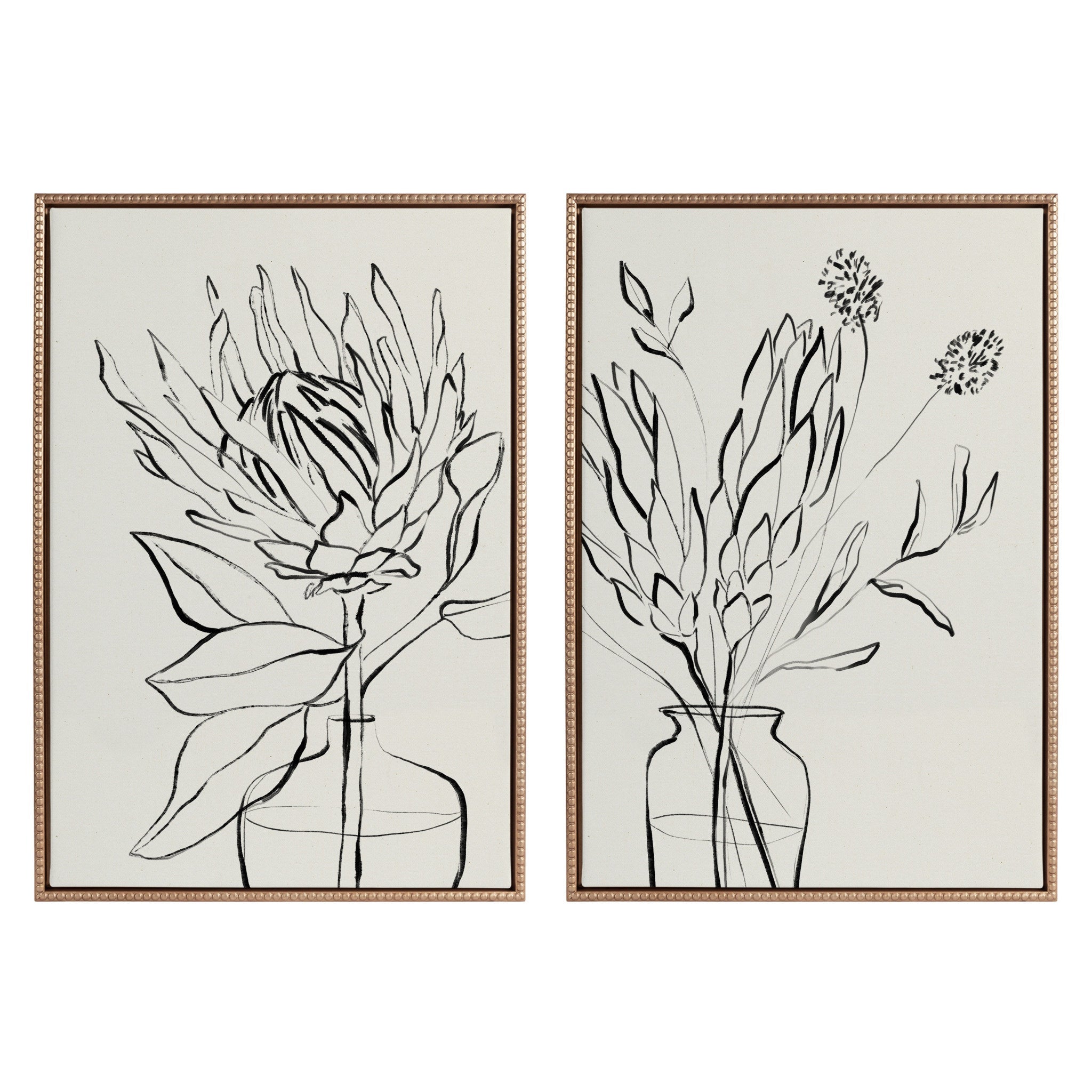 Sylvie Beaded SB Protea Sketch 1 BW and 2 BW framed canvas art set displayed on a white wall
