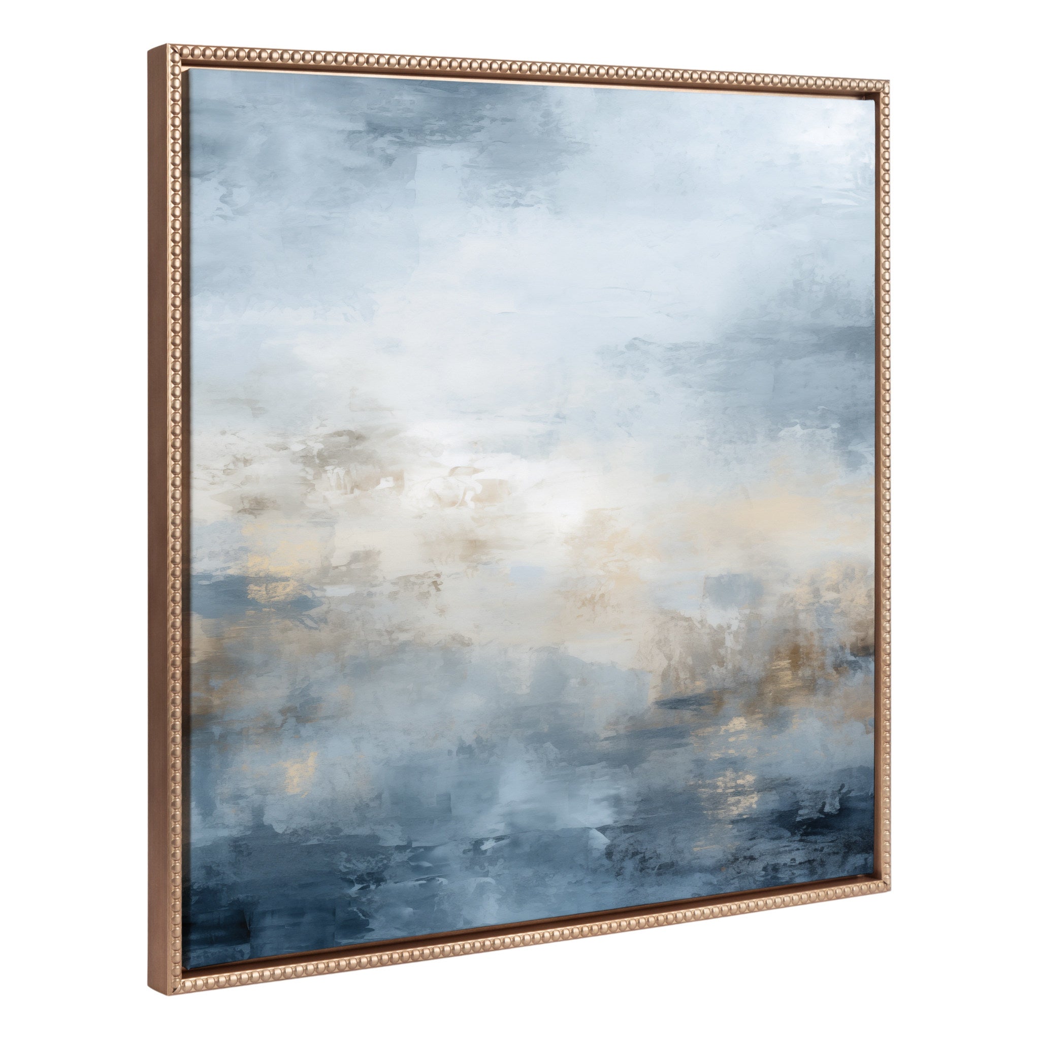 Sylvie Beaded Tonal Abstract Blue Framed Canvas art with oceanic blue palette and vintage beaded gold frame