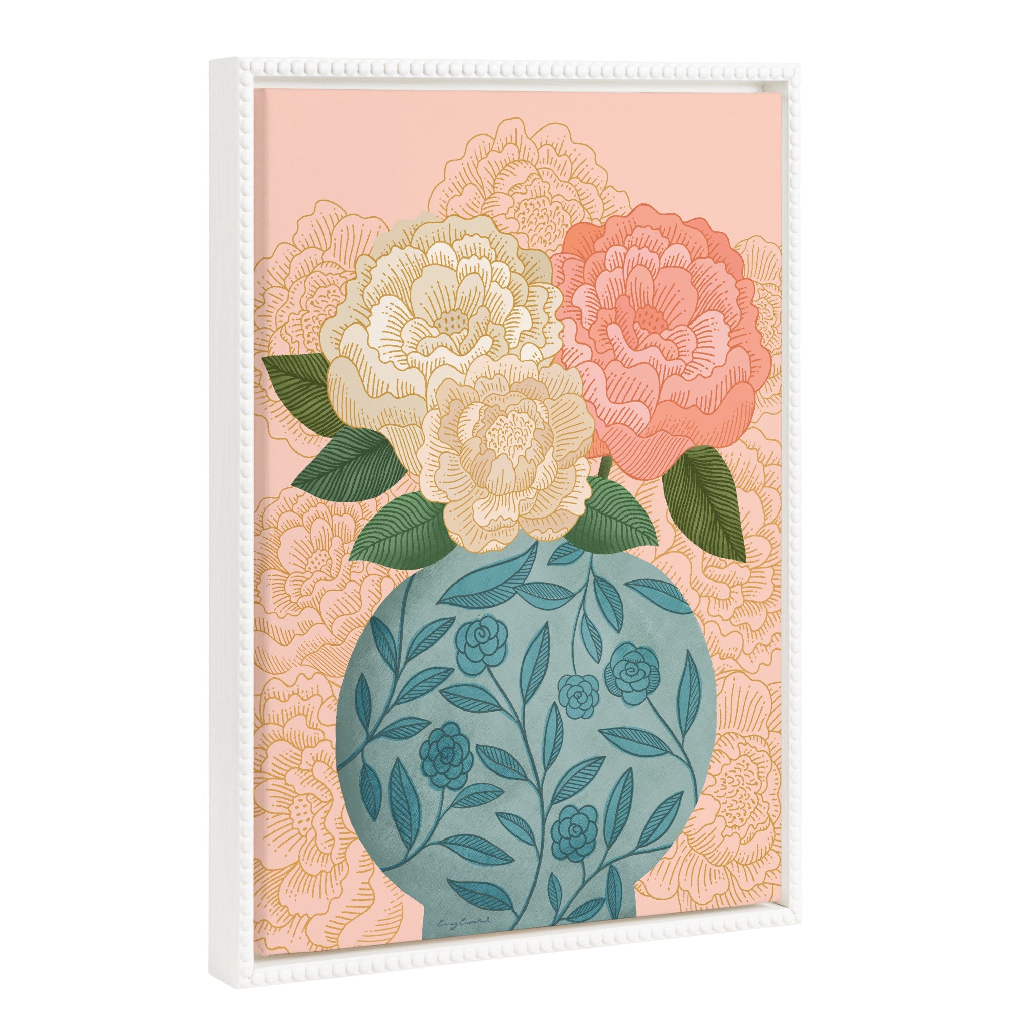 Sylvie Beaded Flower Bouquet Vase Framed Canvas by Carey Copeland showing a colorful flower bouquet in a vintage beaded frame