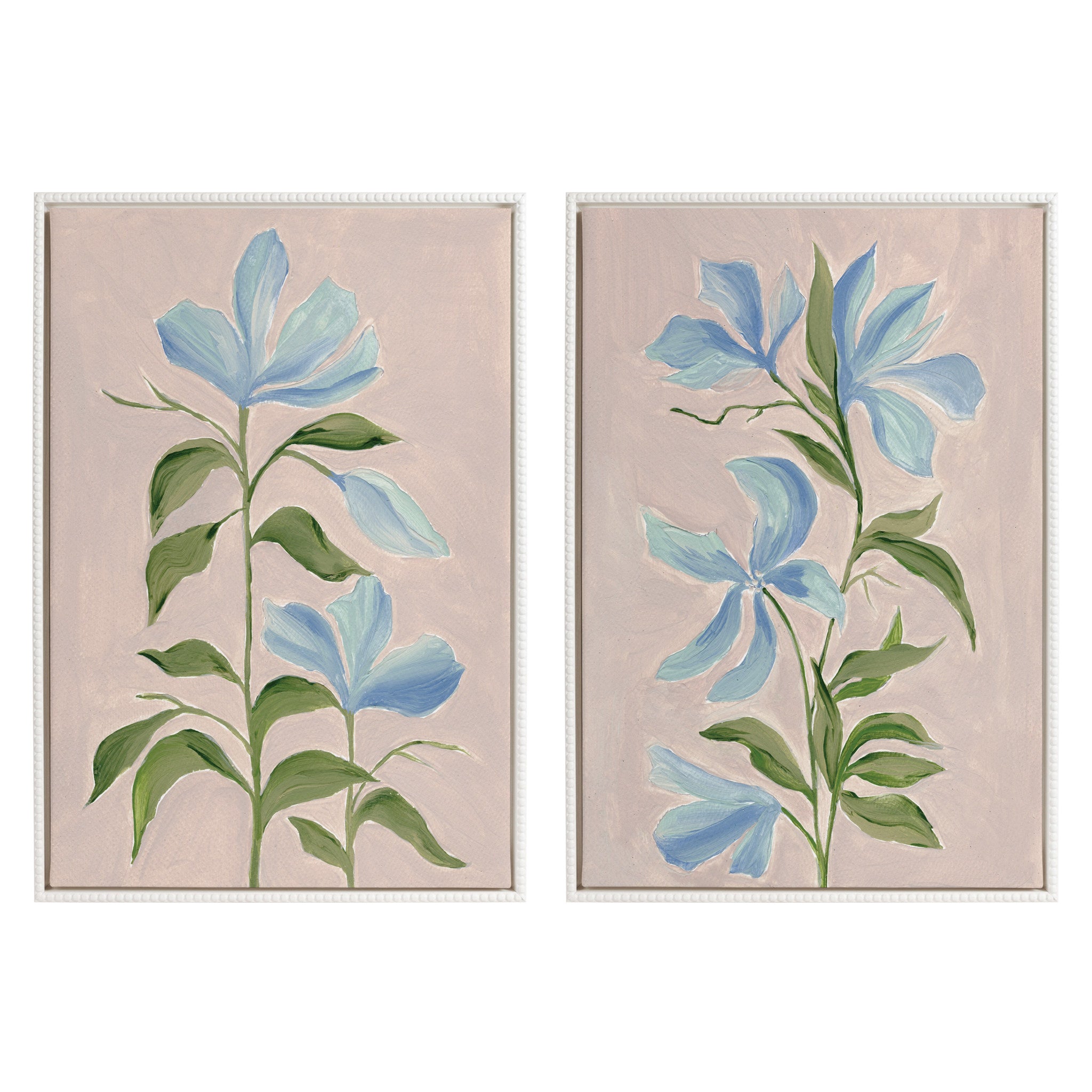 Sylvie Beaded Elegant Spring II and Elegant Spring III framed canvas art set showing spring floral prints with vintage beaded frames.