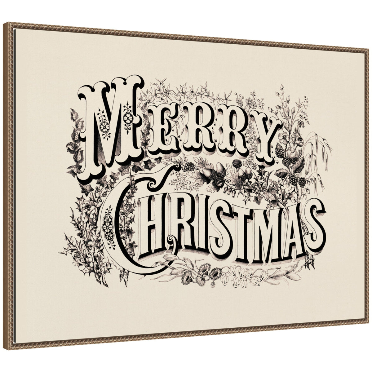 Framed canvas art with vintage beaded style typography reading 'Merry Christmas' in ornate design