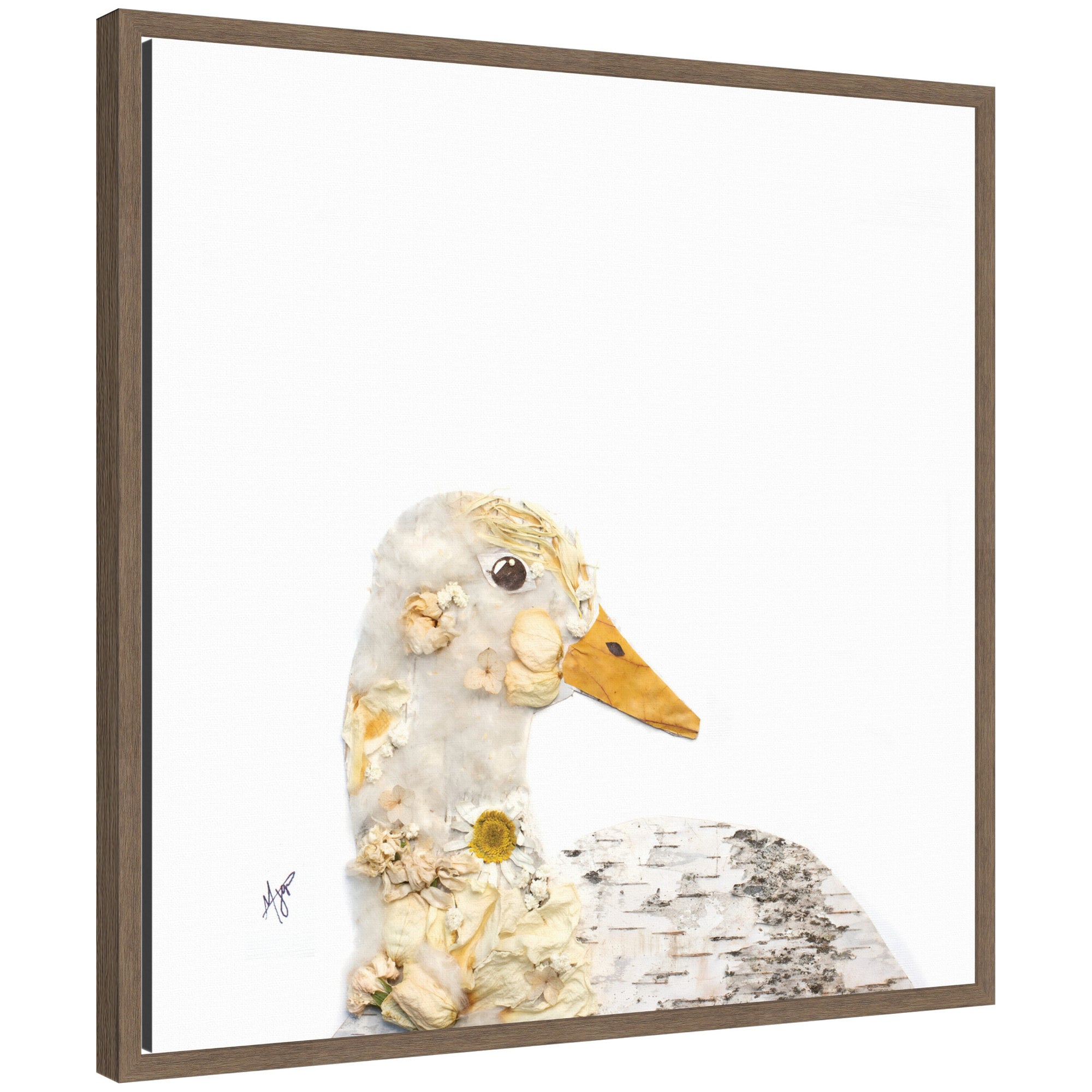Duck No.
2 by Madeline Jeppesen framed canvas wall art print showing a stylized duck illustration in warm brown tones and white background with Walnut Brown frame.
