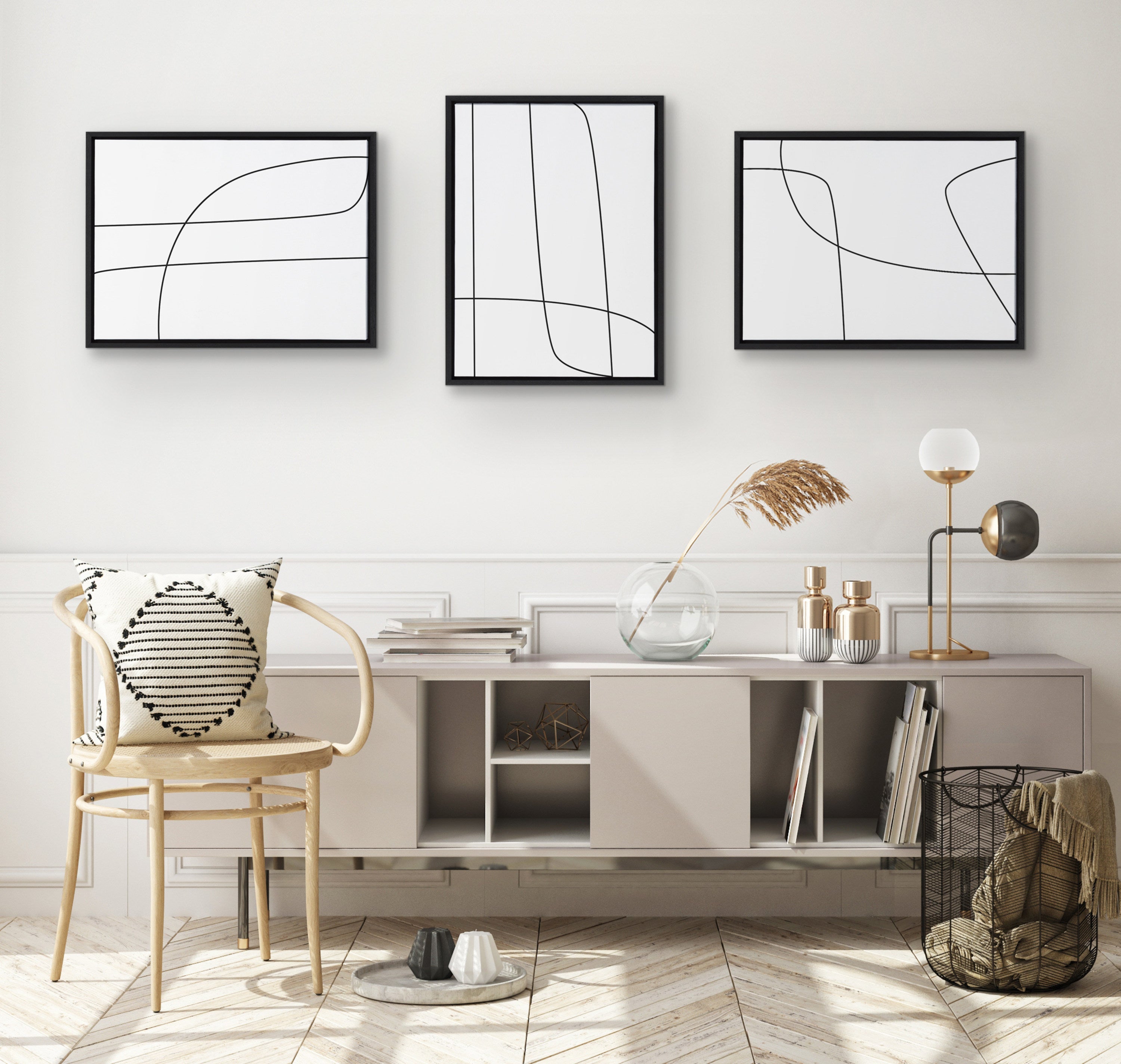 Sylvie Modern Line Abstract Black and White Framed Canvas Set