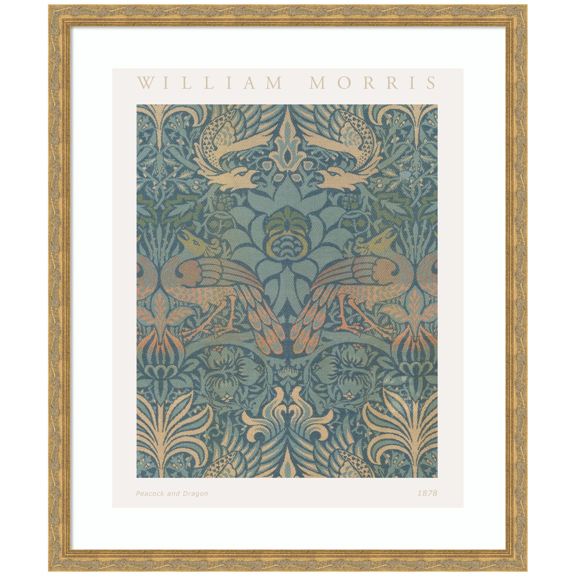Framed art poster of William Morris Peacock and Dragon 1878 featuring peacocks and dragons in blues, greens, and oranges framed in vintage moulding.