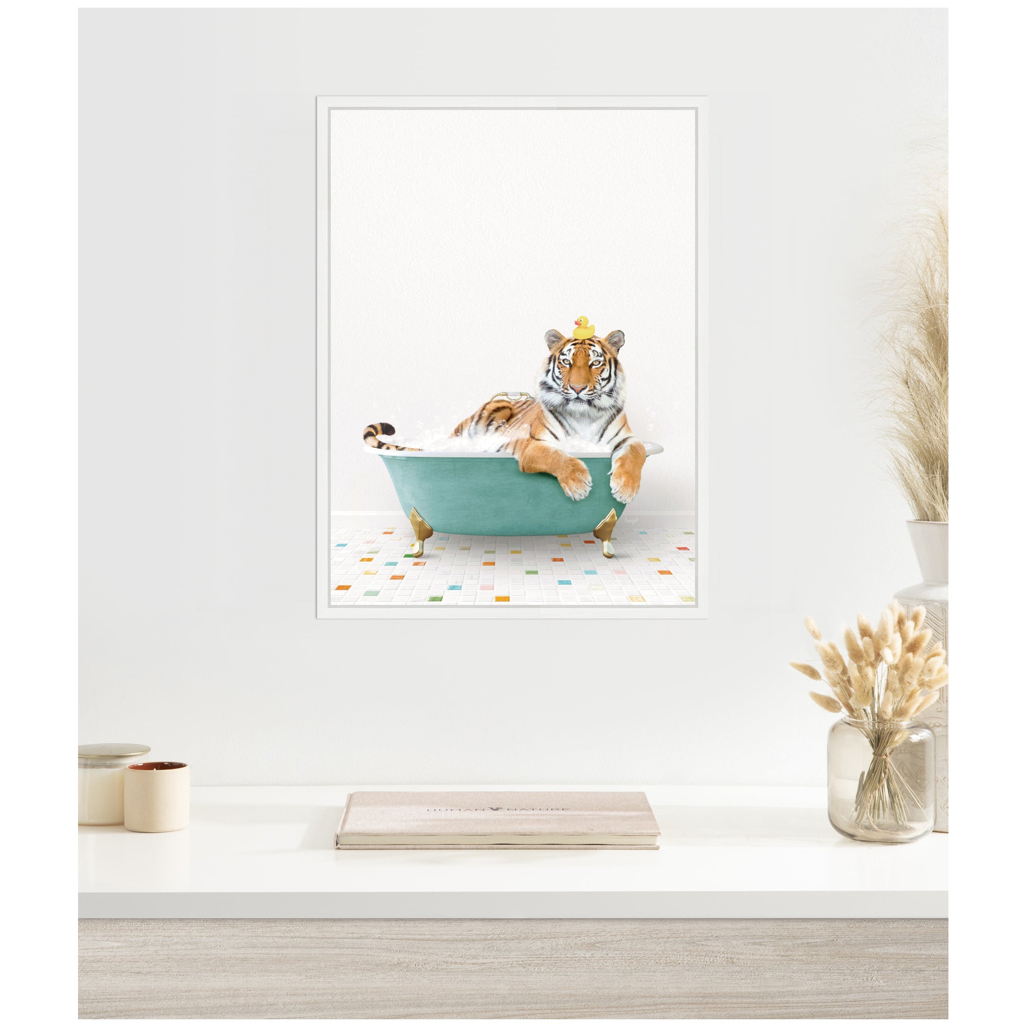 Sylvie Tiger in Teal Bathtub on Colored Tile Framed Canvas by Amy Peterson