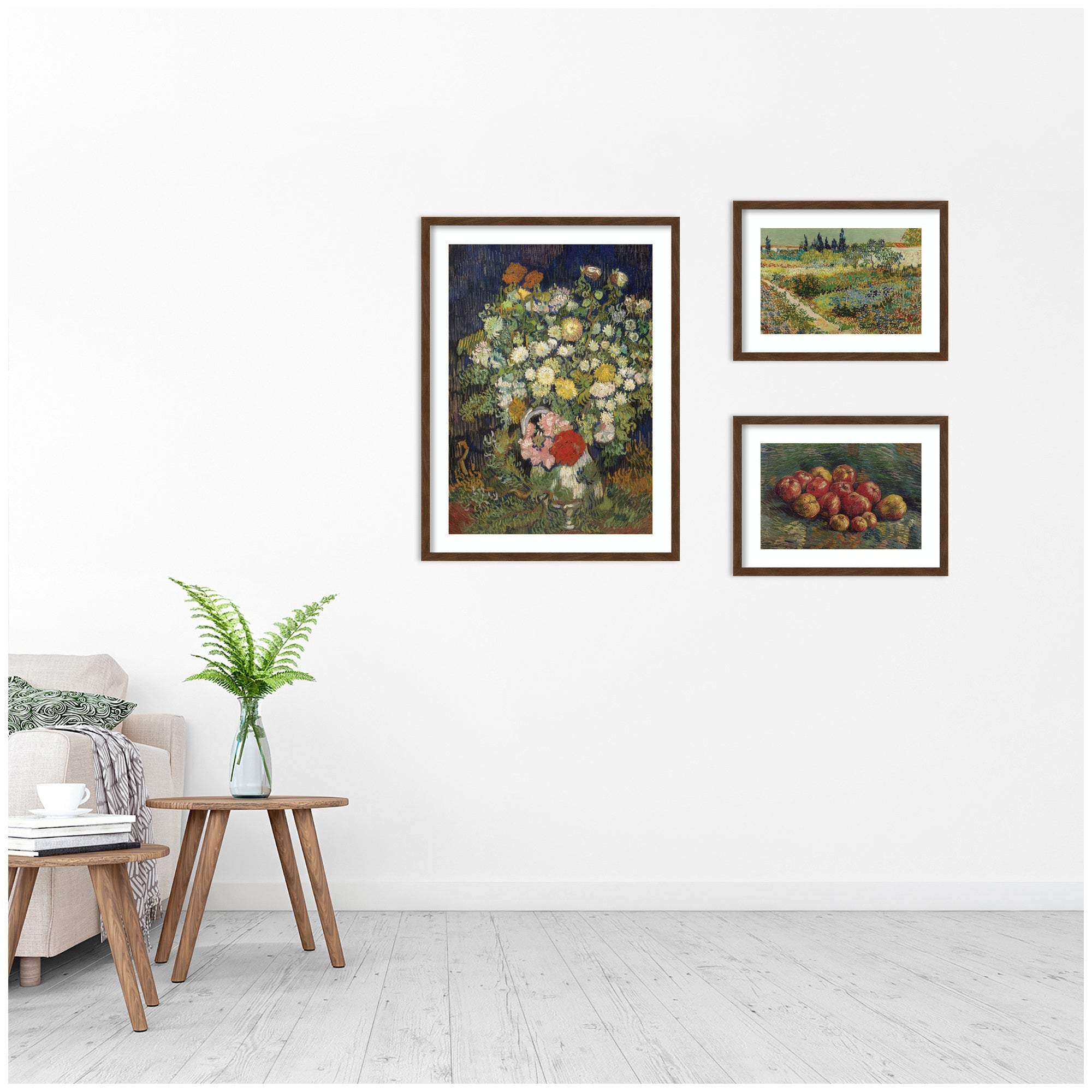 Apples 1887, Bouquet of Flowers in a Vase 1890, & Garden at Arles by Vincent Van Gogh 3 Piece Framed Wall Art Print Set