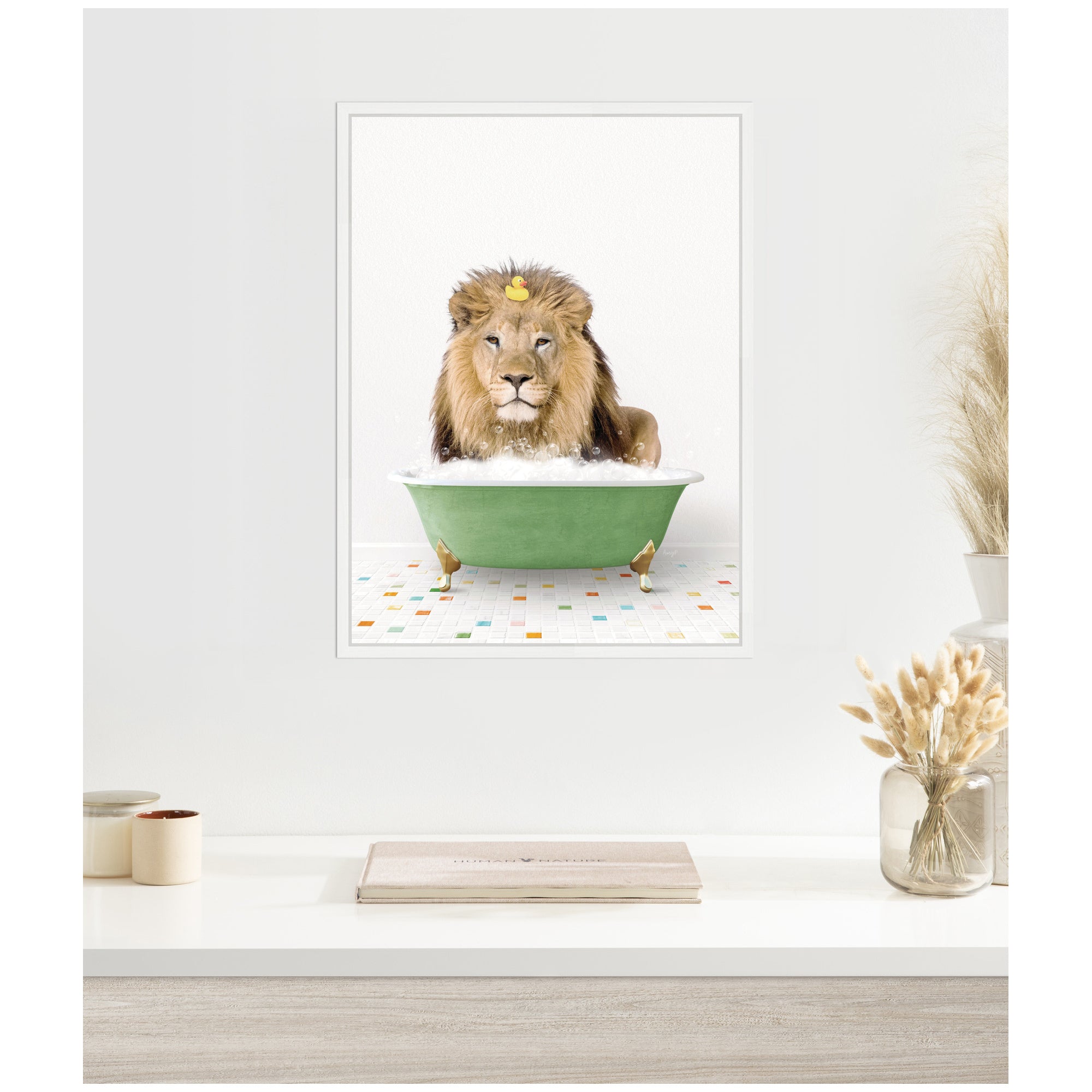 Sylvie Lion in Green Bathtub on Colored Tile Framed Canvas by Amy Peterson