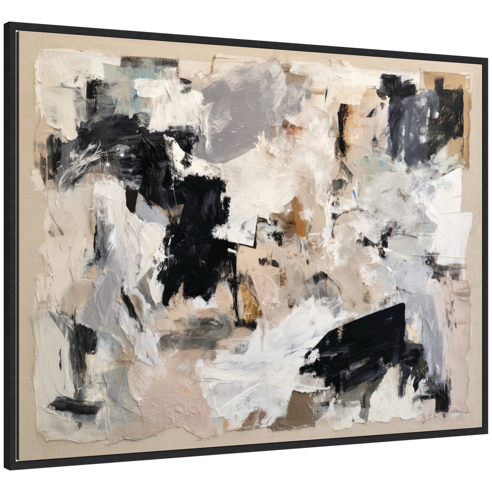 Framed canvas wall art showing expressive tonal neutral abstract with black, white, grey, and earthy tones in Sylvie Dark Gold frame