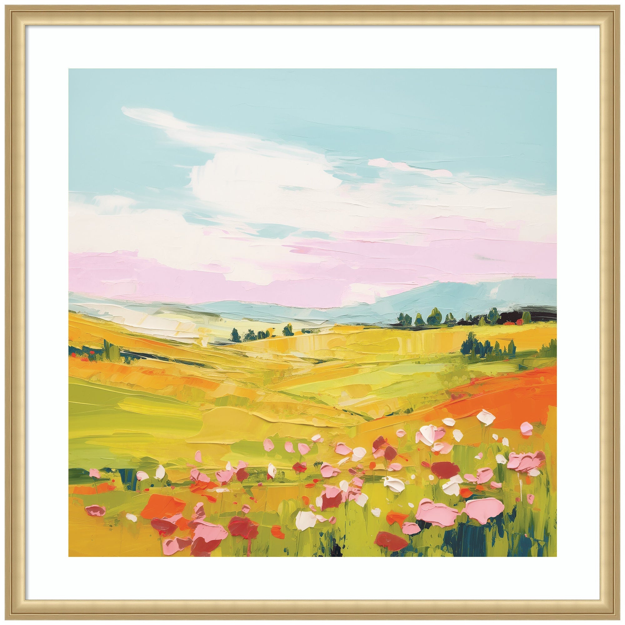 Framed artwork depicting a colorful meadow landscape with wildflowers, rolling fields, and a bright sky