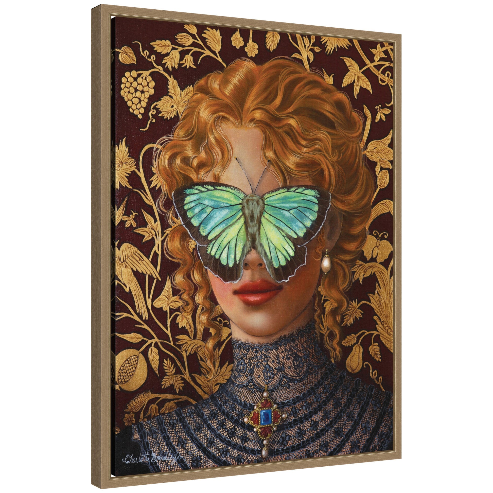 Cassandra by Charlotte Brindley framed canvas wall art print in Sylvie dark gold frame