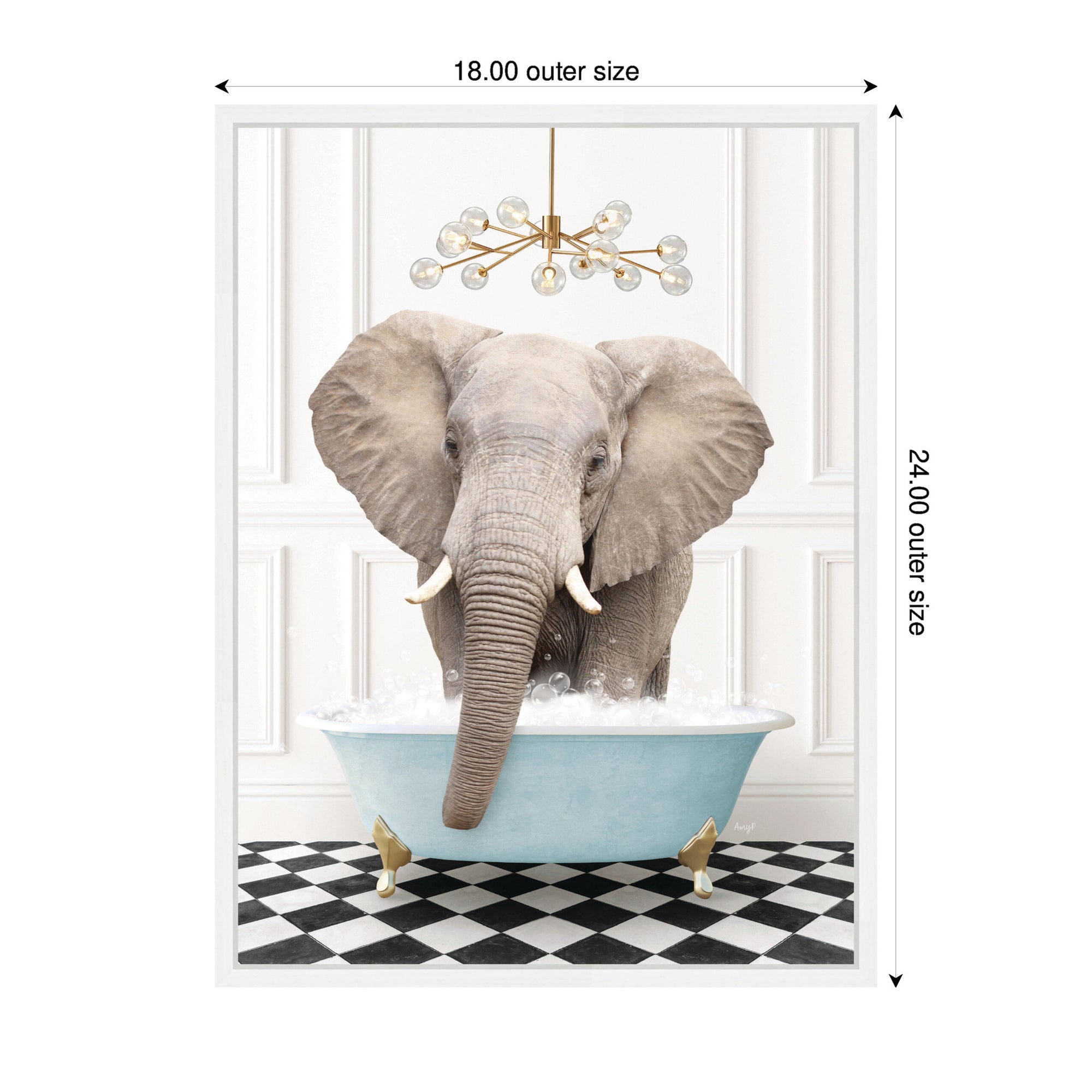 Sylvie Elephant Front in Blue Bathtub on Checker Floor Framed Canvas