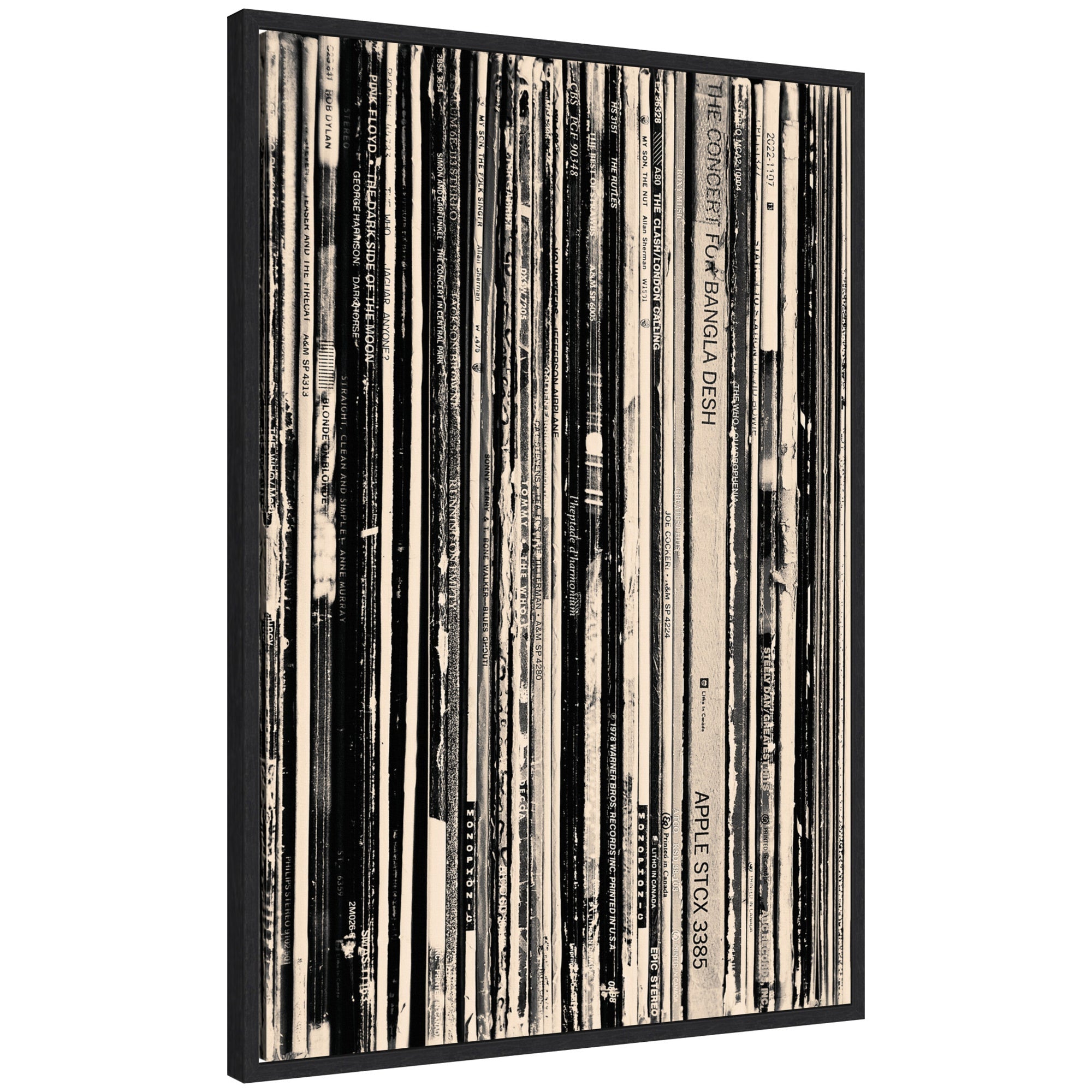 33 RPM Black and White framed canvas wall art print by Robert Cadloff, measuring 23 by 33 inches in a black Sylvie frame