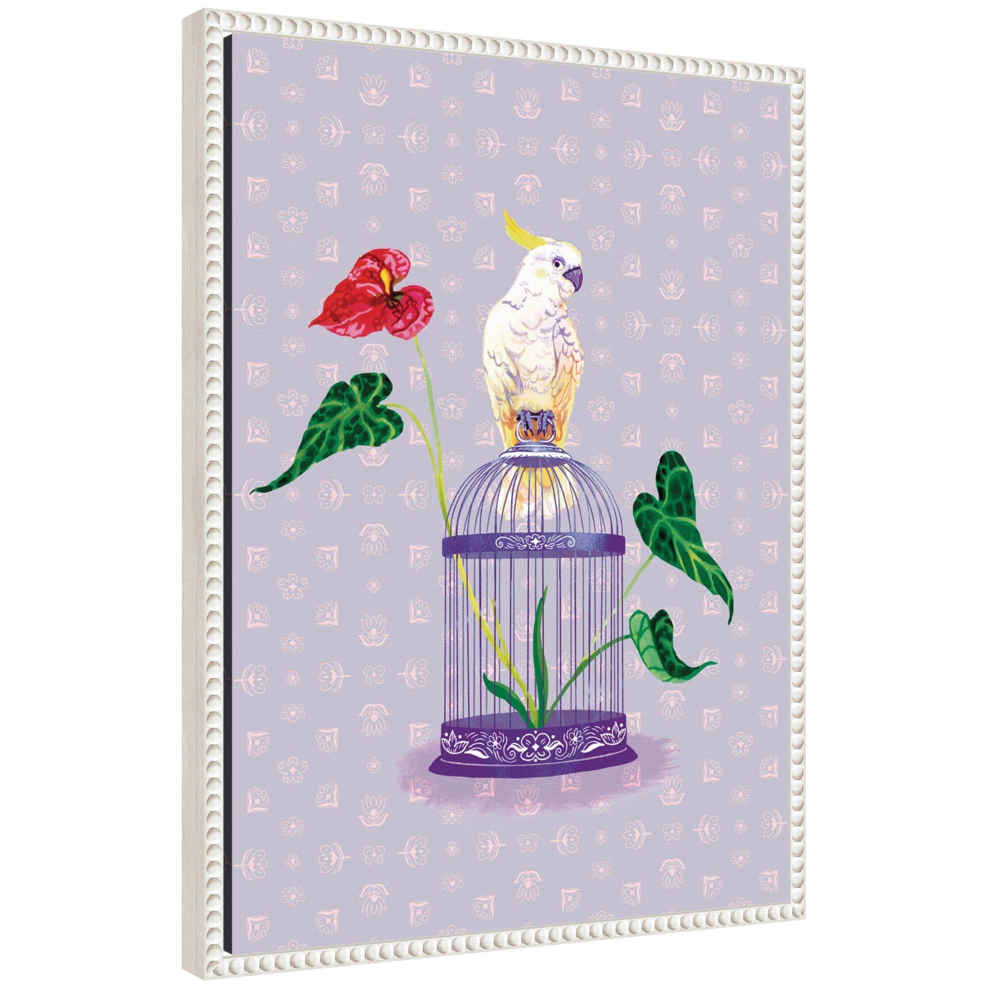 Cockatoo and Anthuriums framed canvas wall art print by Lucia Gianello featuring a white cockatoo surrounded by red anthurium flowers, set in a beaded Sylvie frame