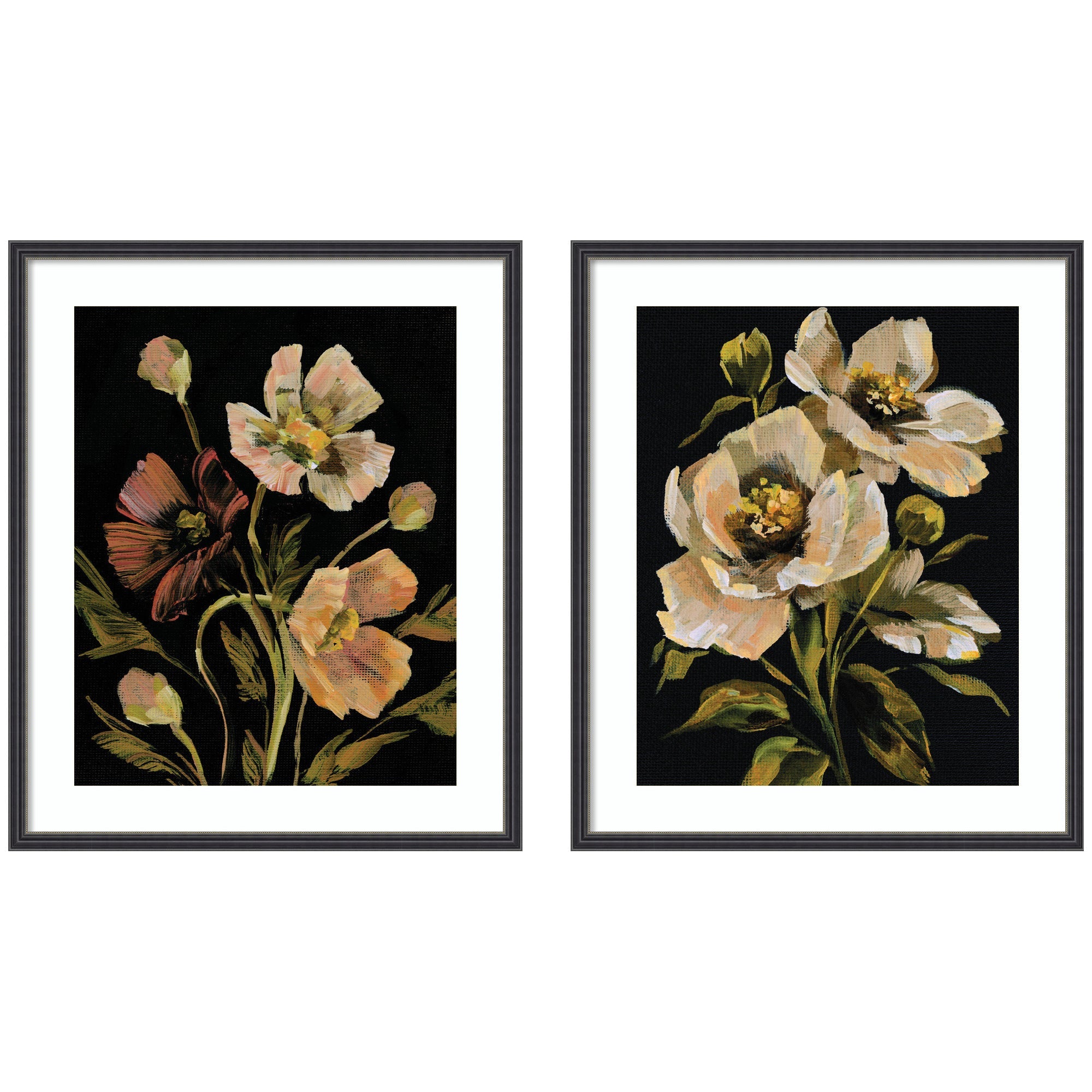 Moody Floral 5 & 8 2 Piece Framed Wall Art Print Set showing two black-framed floral prints on a beige wall