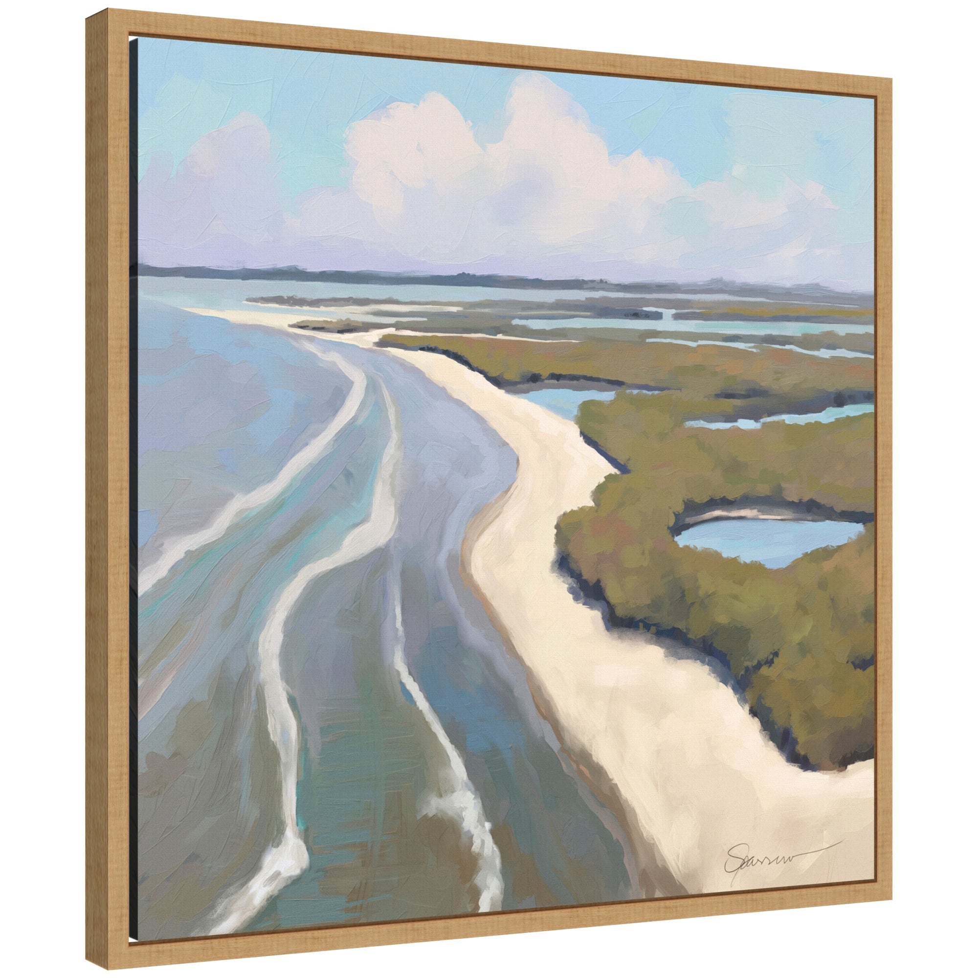 Sylvie Coastal Visions framed canvas showing beach scene with seagrass and water edge
