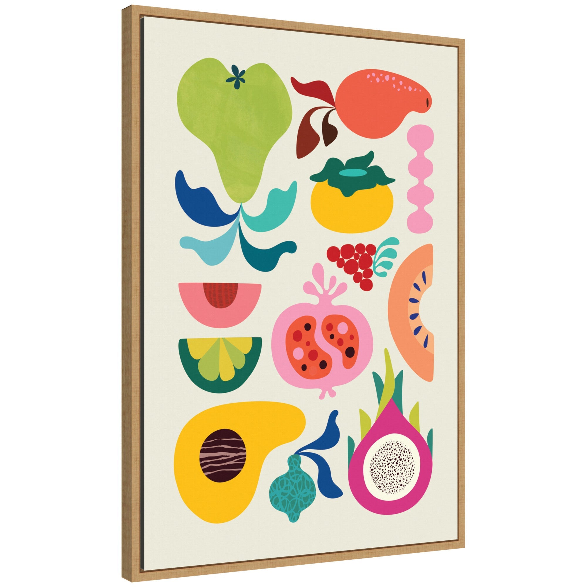 Framed canvas art titled Modern Colorful Abstract Fruits showing vibrant abstract fruit shapes in reds, greens, yellows, and blues.