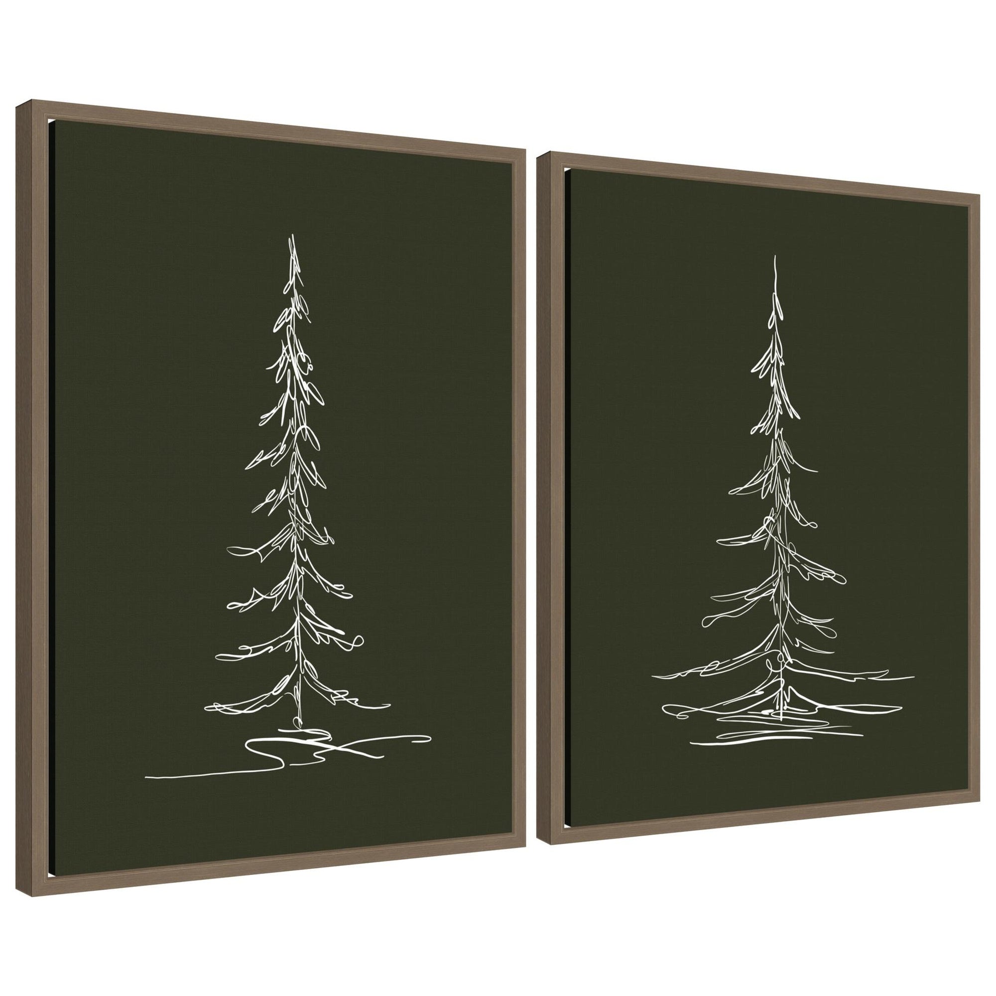 Two framed canvas prints featuring minimalist white line sketches of evergreen trees on dark green backgrounds hung side-by-side