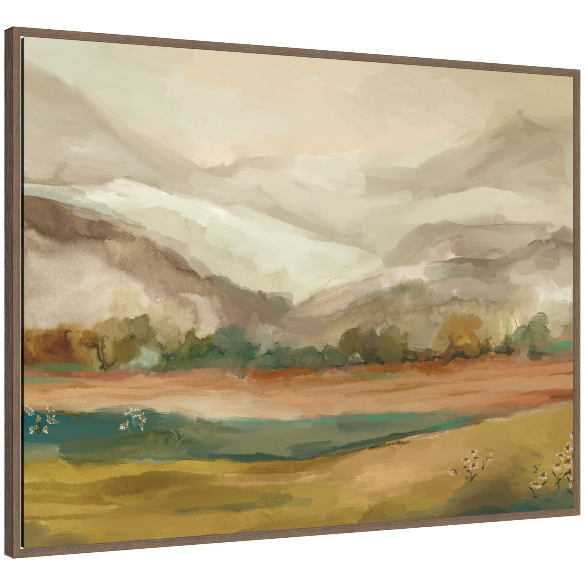 Framed canvas artwork depicting a horizontal mountainscape in muted tones by Annie Quigley