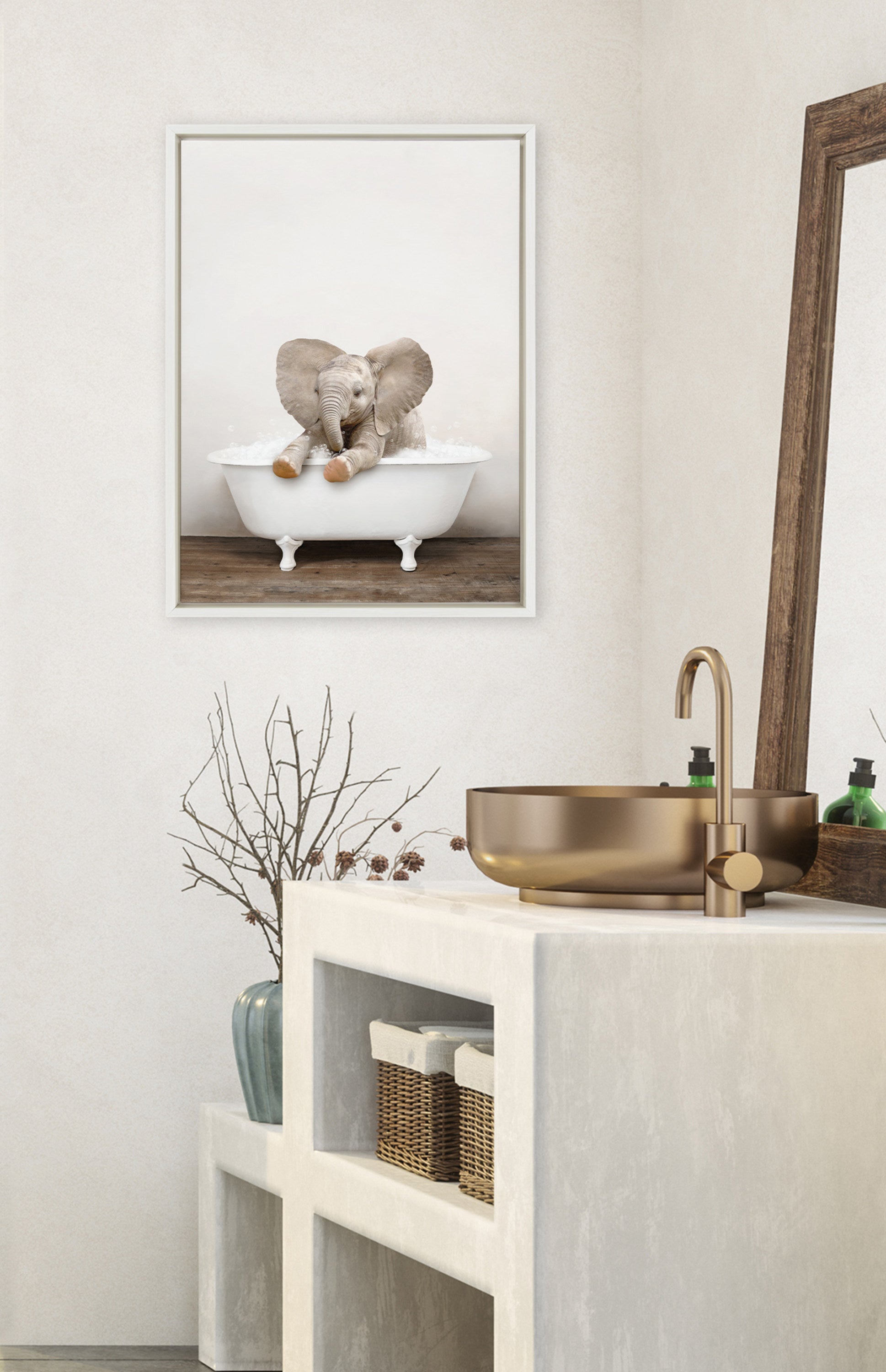 Sylvie Baby Elephant No 6 in Rustic Bath Framed Canvas by kateandlaurel - product image 4 for Resin Society