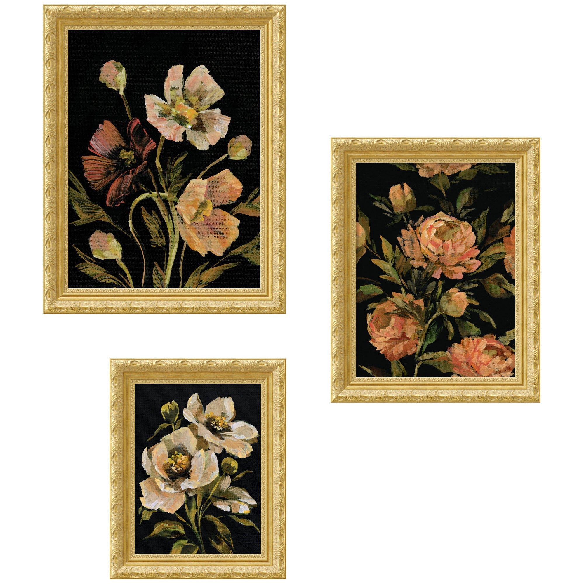 Moody Pink Hued Floral 3 Piece Framed Wall Art Print Set displayed on wall