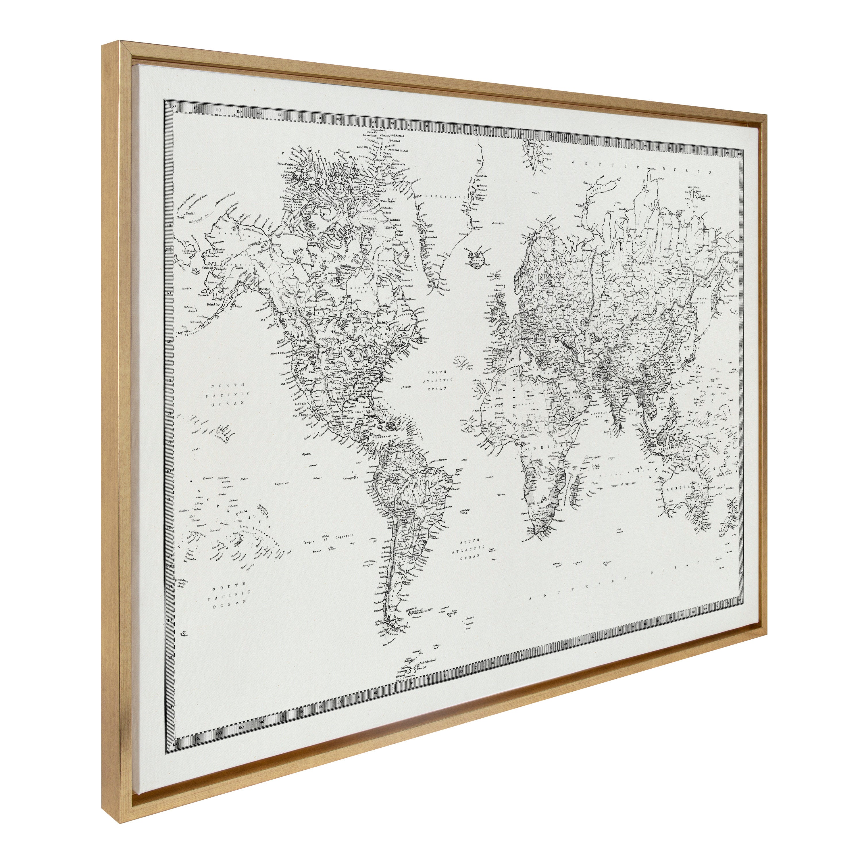 Sylvie Vintage Black and White World Map Framed Canvas by The Creative by kateandlaurel - product image 7 for Resin Society