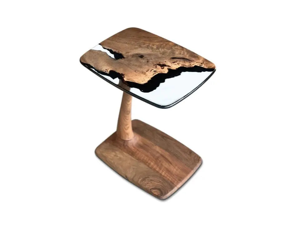C-shaped luxury resin end table made of solid walnut wood with clear epoxy resin finish