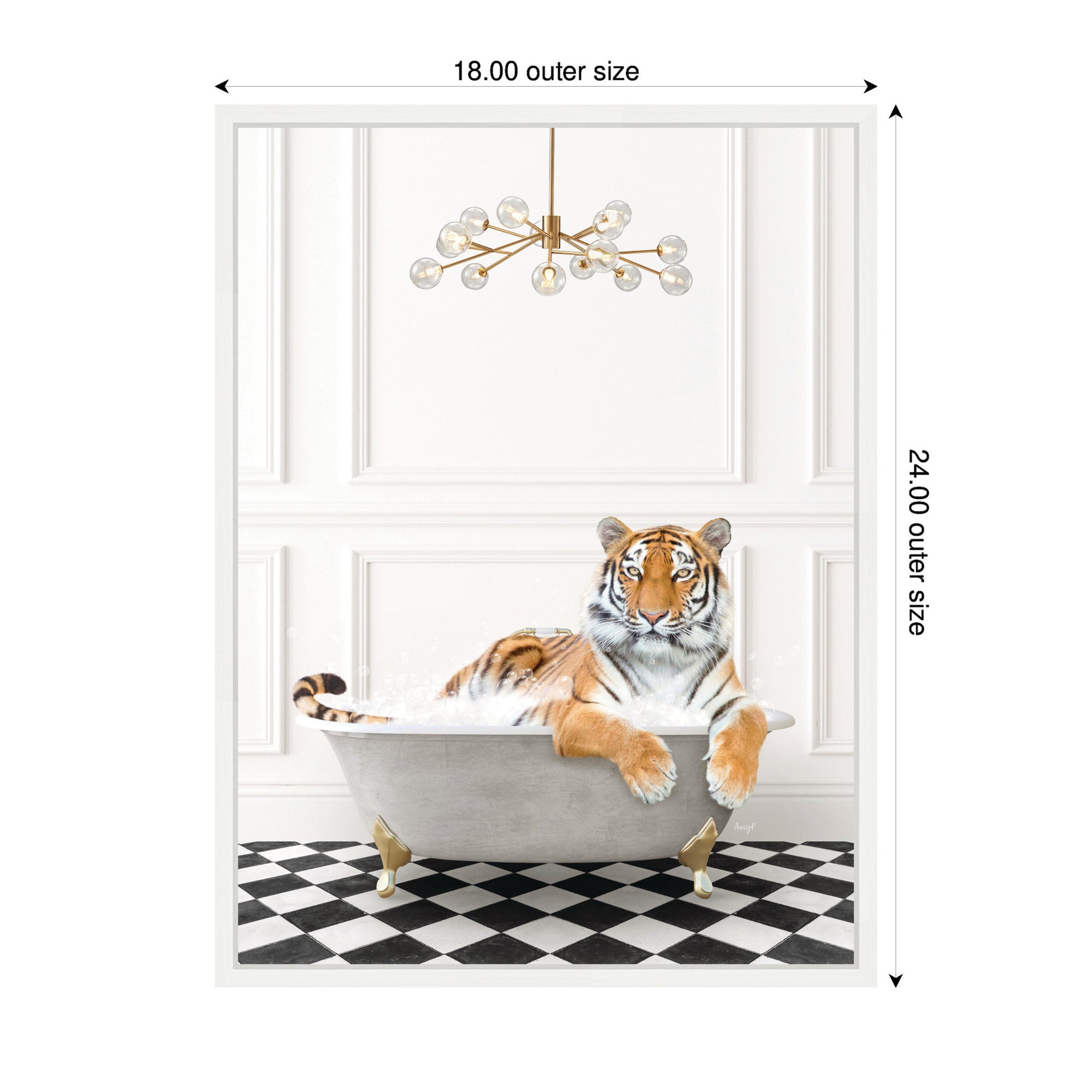 Sylvie Tiger in Gray Bathtub Checker Floor Framed Canvas by Amy Peterson