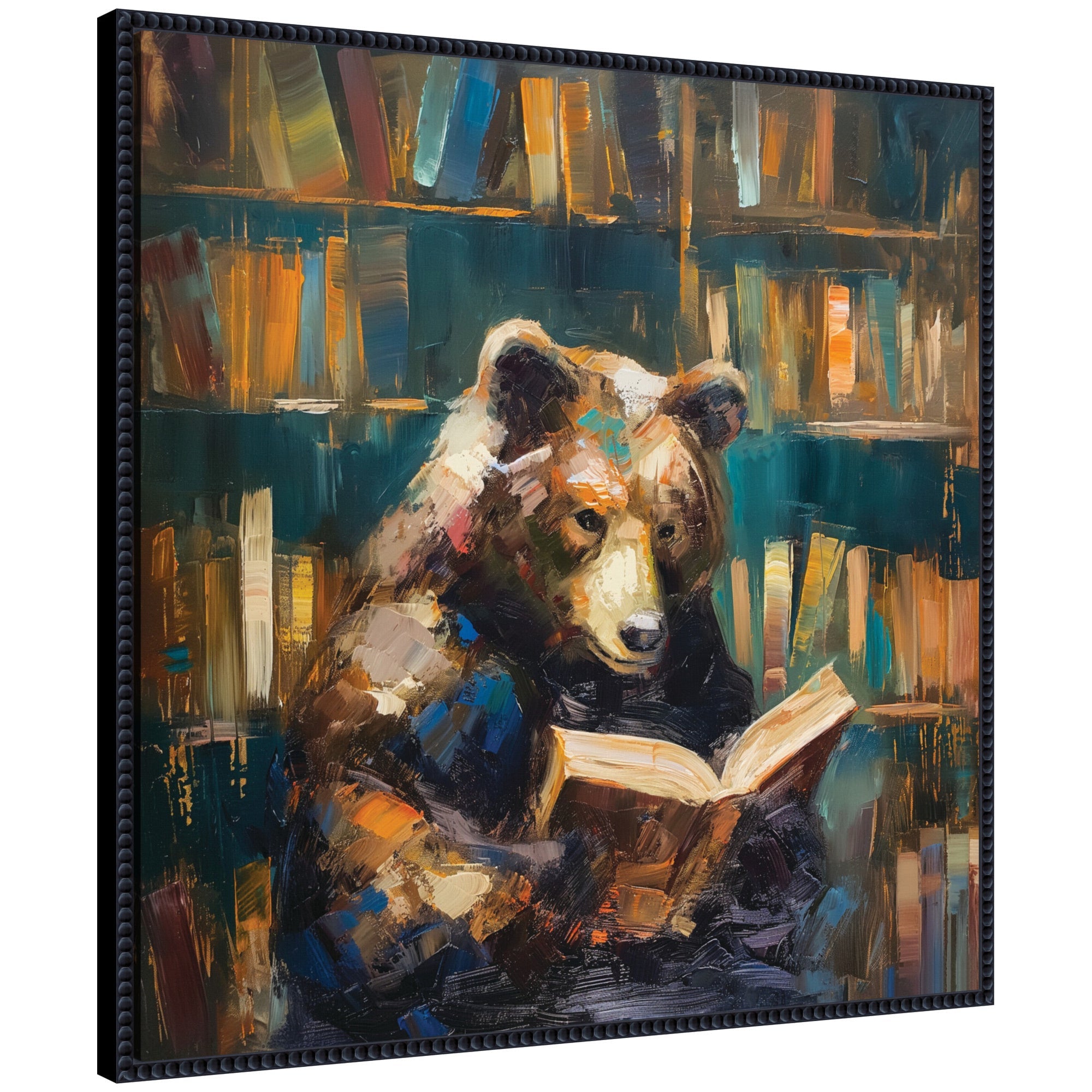 Sylvie Traditional Bear Reading in Library framed canvas art, showing a bear reading a book in a cozy library, framed with a black vintage beaded frame.