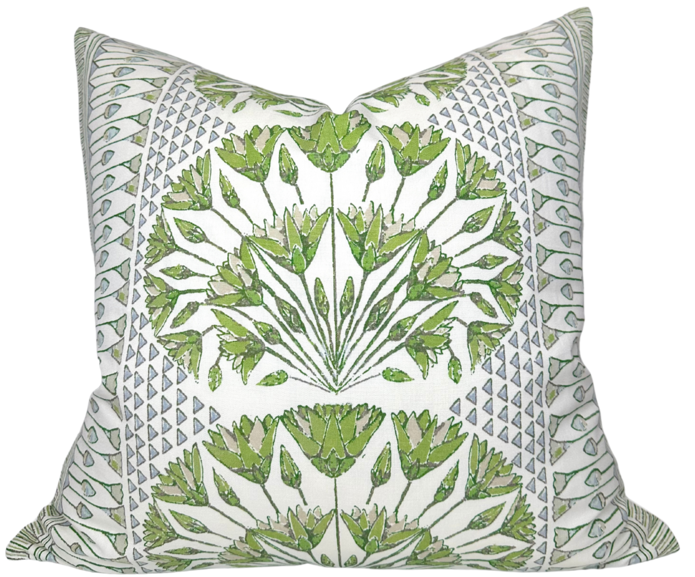 Cairo Pillow Cover in Green showing printed front fabric and ivory linen back