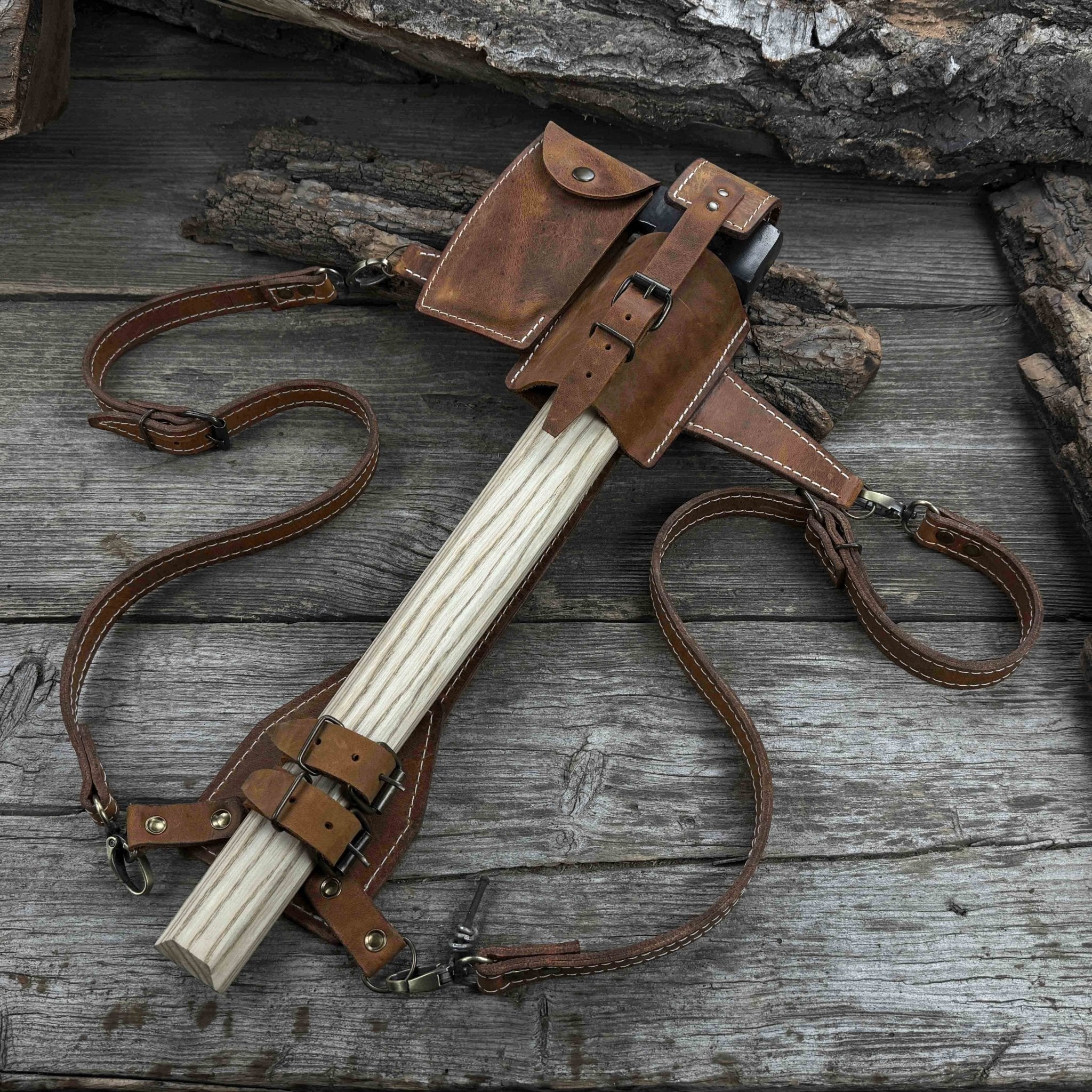 Carpenter’s Axe with leather shoulder sheath by Sharky Forged Steel Tools