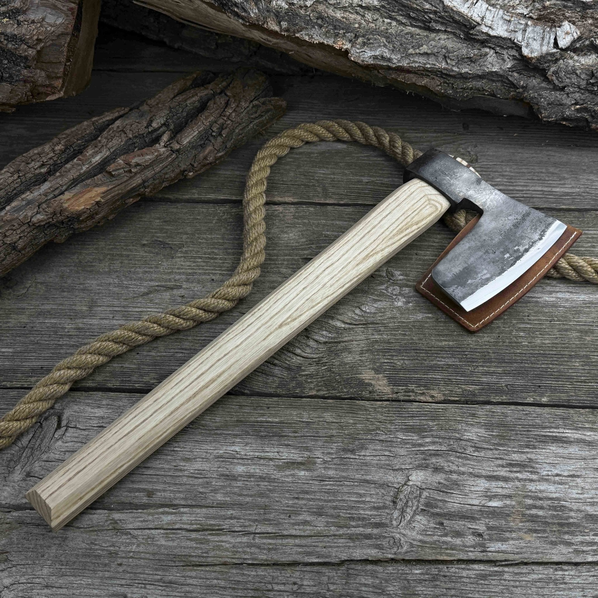 Carpenter’s Axe with leather shoulder sheath by Sharky Forged Steel Tools