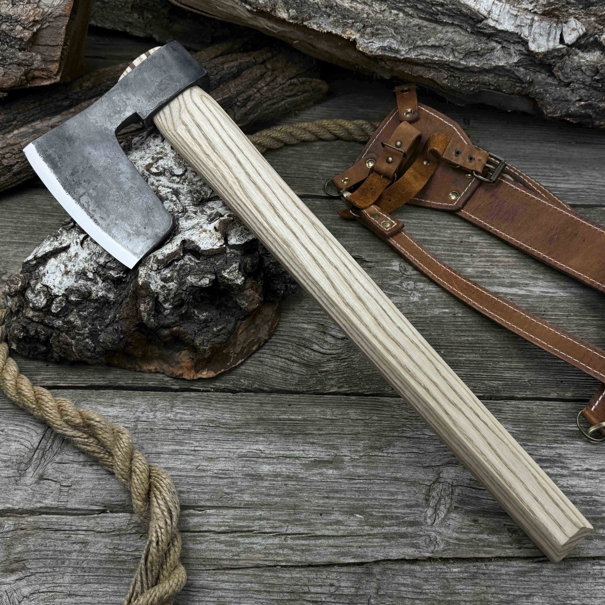 Carpenter’s Axe with leather shoulder sheath by Sharky Forged Steel Tools