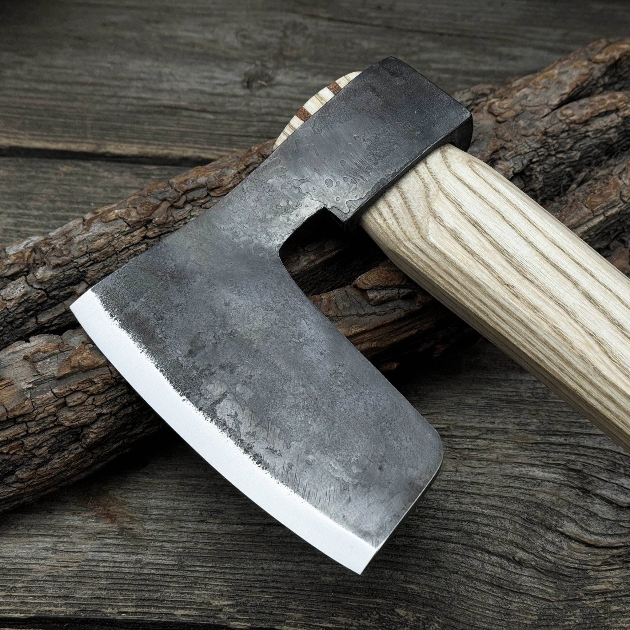 Carpenter’s Axe with leather shoulder sheath by Sharky Forged Steel Tools